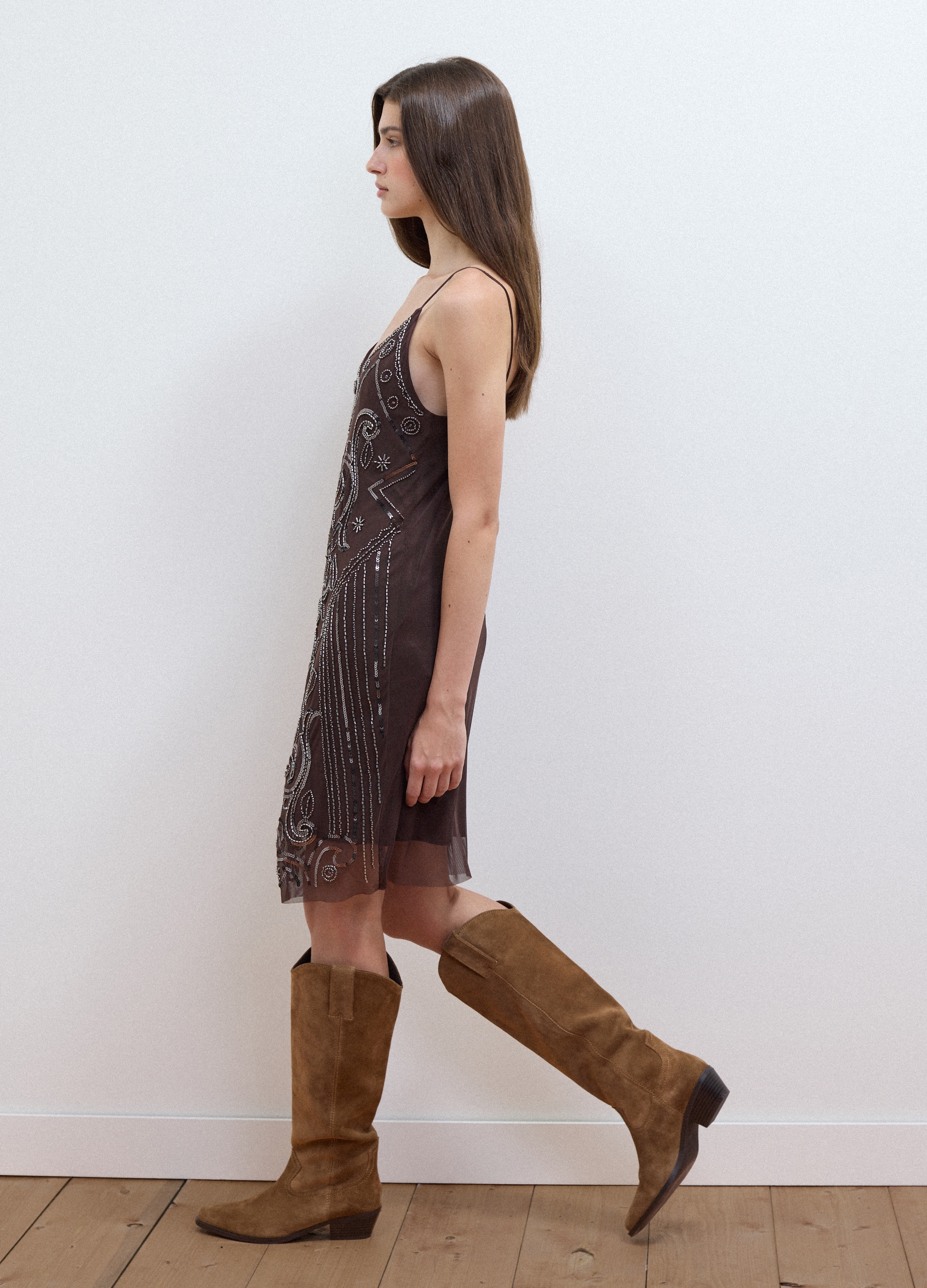 LES COPAINS, Abito Fitted Marrone In Tessuto Elasticizzato Con Paillettes, Donna, Marrone, Taglia: XL