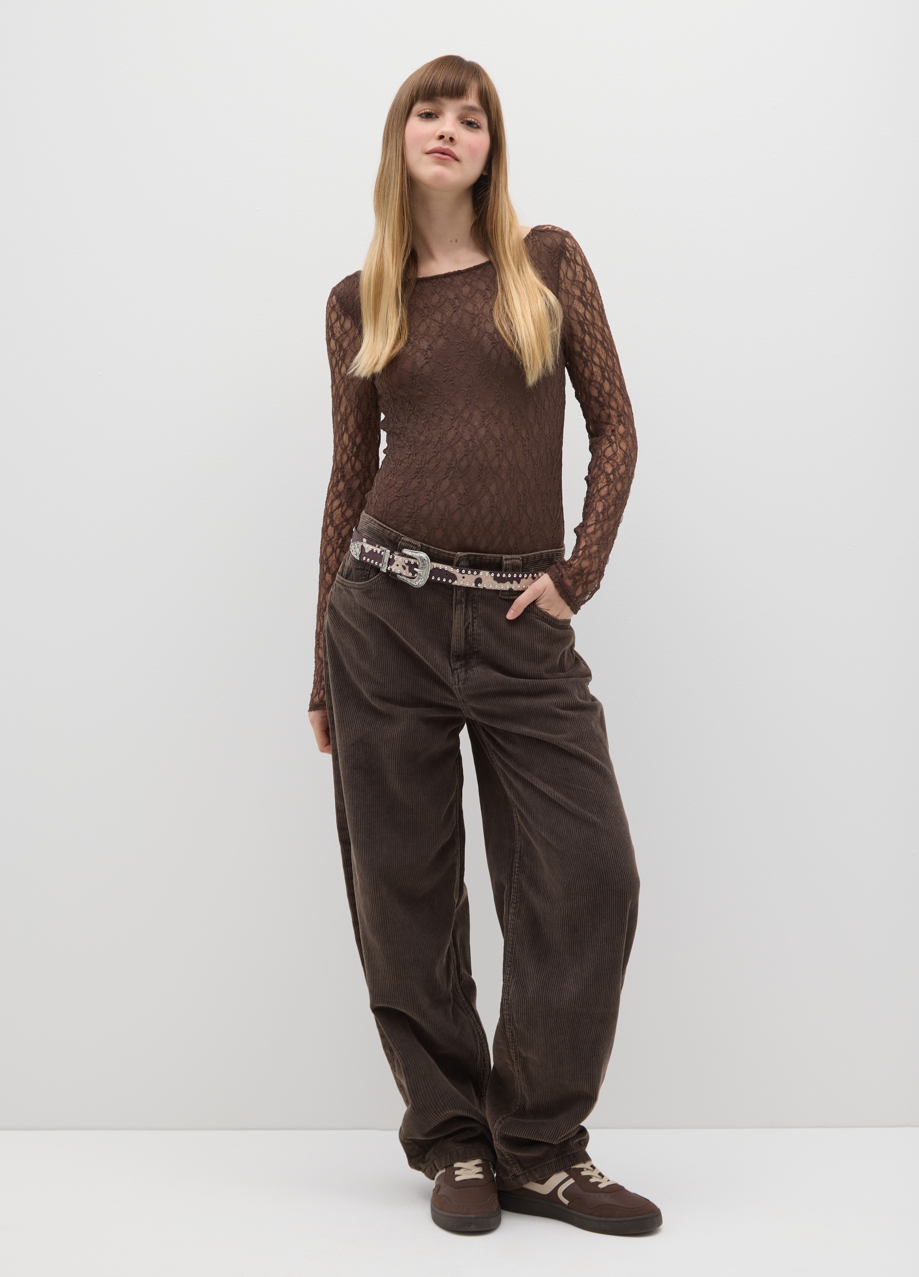 B.ANGEL, Pantaloni Baggy Marroni In Puro Cotone A Coste Relaxed Fit, Donna, Marrone, Taglia: 44