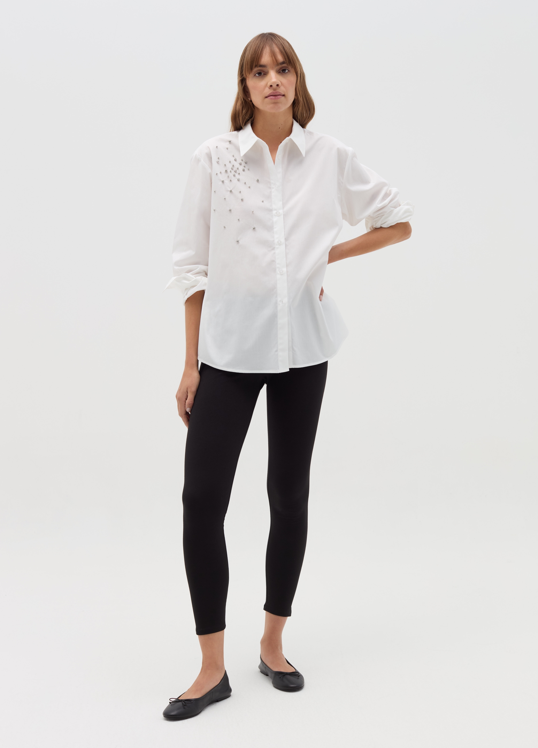 OVS, Camicia In Cotone Con Strass, Donna, Bianco, Taglia: M