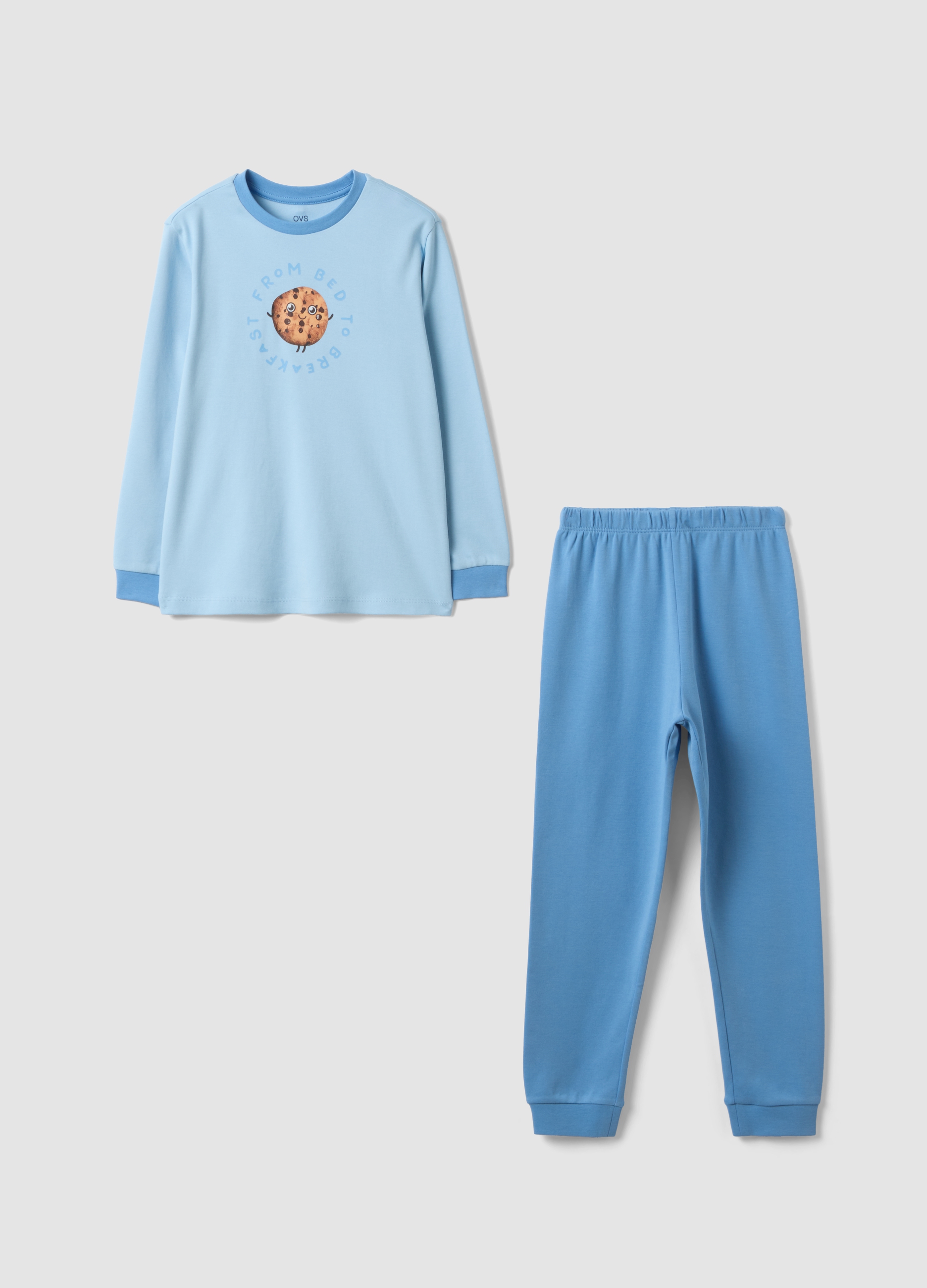 OVS KIDS, Pigiama Azzurro In Puro Cotone Organico Con Stampa Biscotto, Bambino, Azzurro, Taglia: 9-10