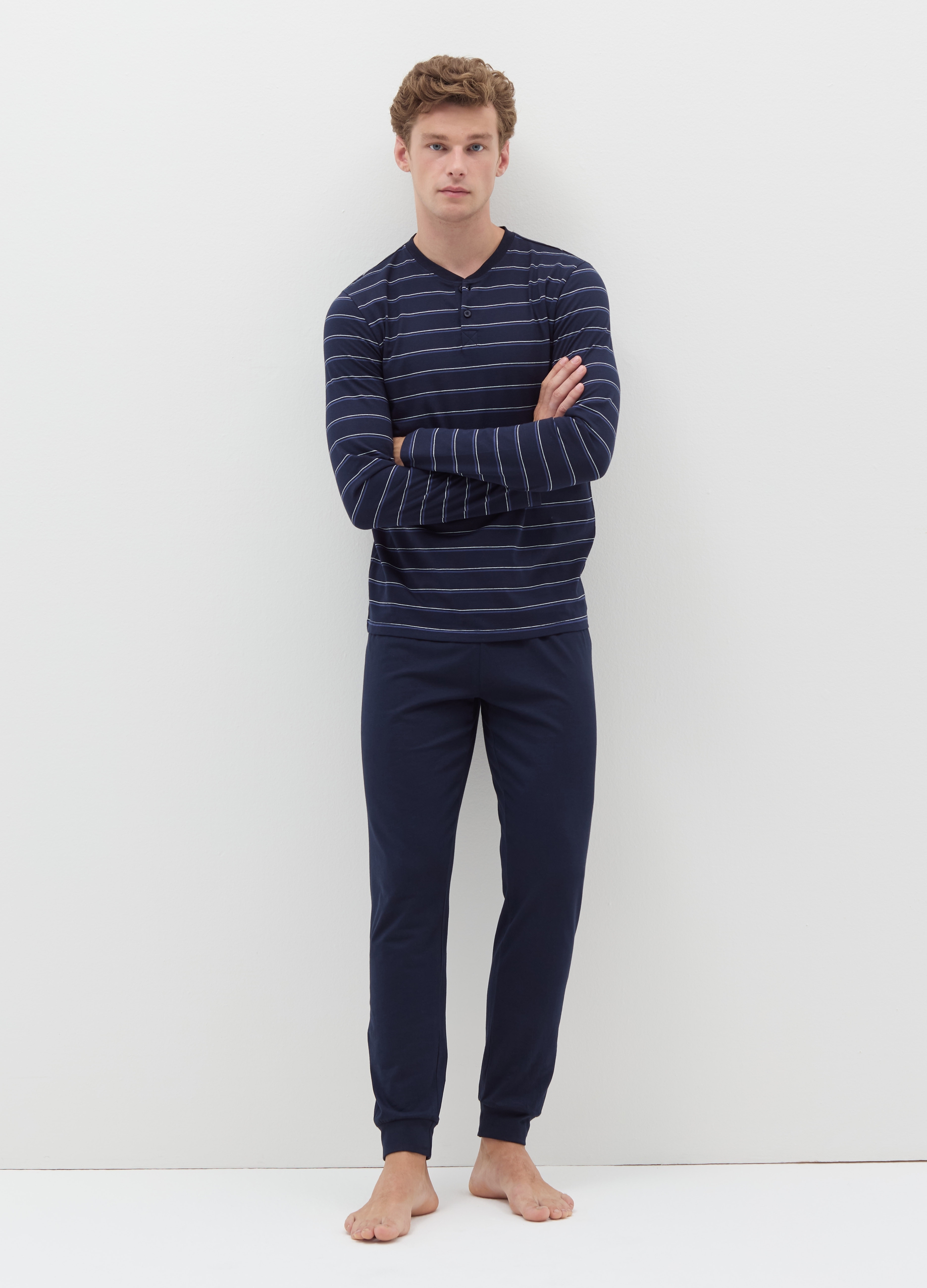 Pijama Largo Parte De Arriba De Rayas Con Cuello Panadero, Hombre, Azul oscuro, Talla: L