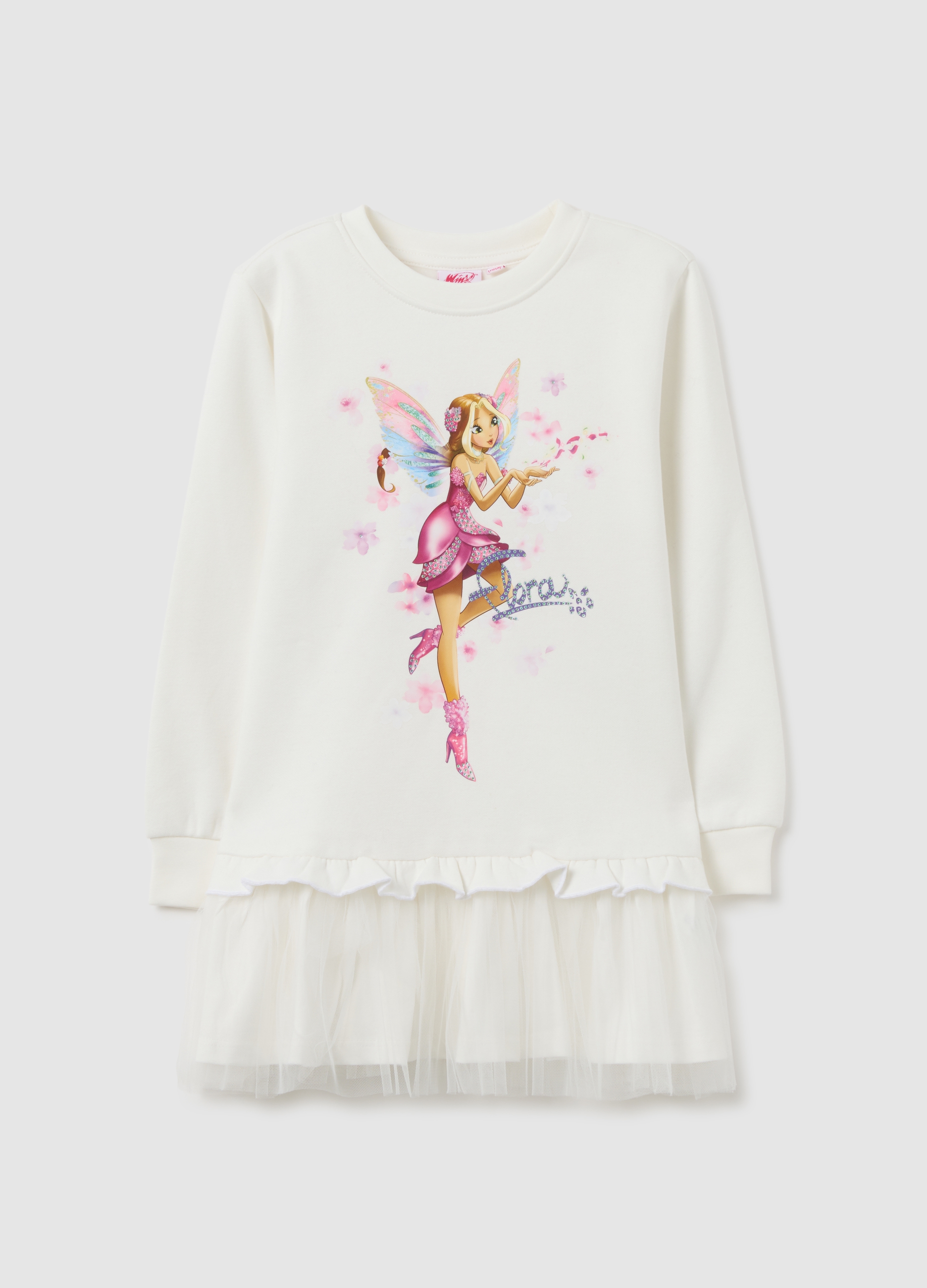 OVS KIDS, Abito Da Bambina In Misto Cotone Bianco Regular Fit Con Stampa Winx, Bianco, Taglia: 6-7