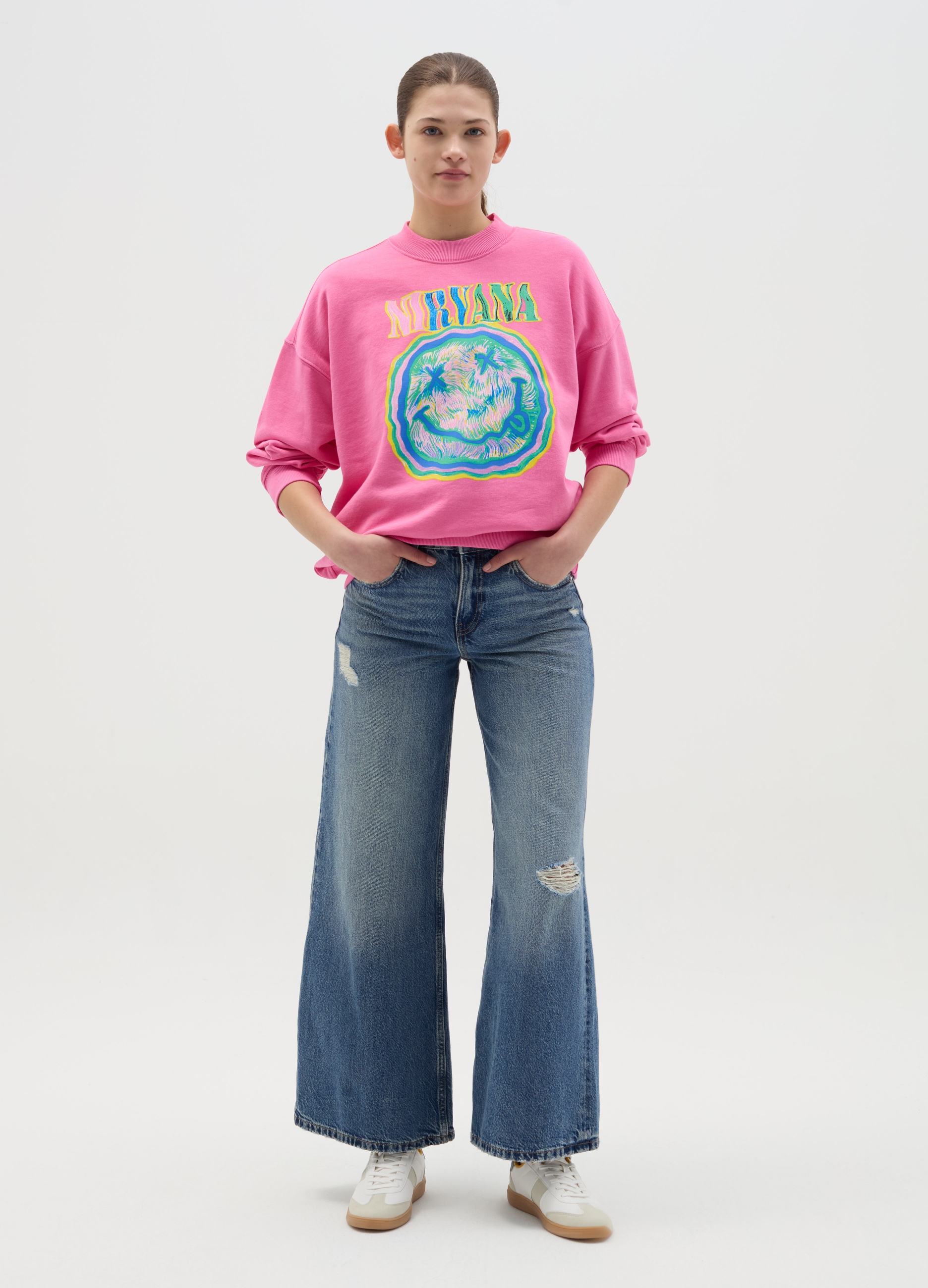 OVS, Oversized Sweatshirt With Nirvana Print, Frau, Rosa, Größe: 36
