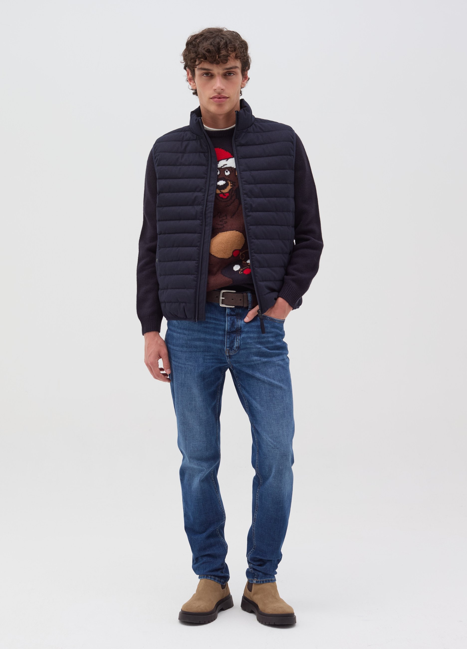 Chaleco Ultraligero Con Cuello Alto, Hombre, Azul jaspeado, Talla: S