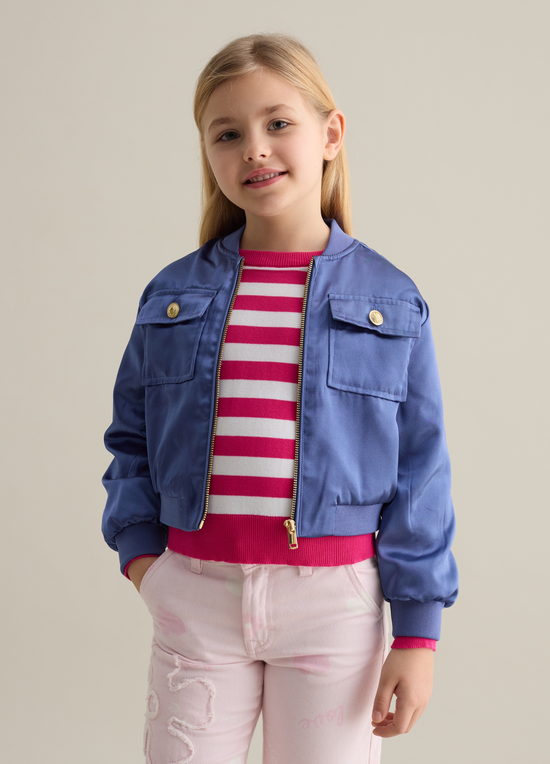 PIOMBO, Cazadora Bomber Con Cremallera De Satén, Niña, Azul, Talla: 4