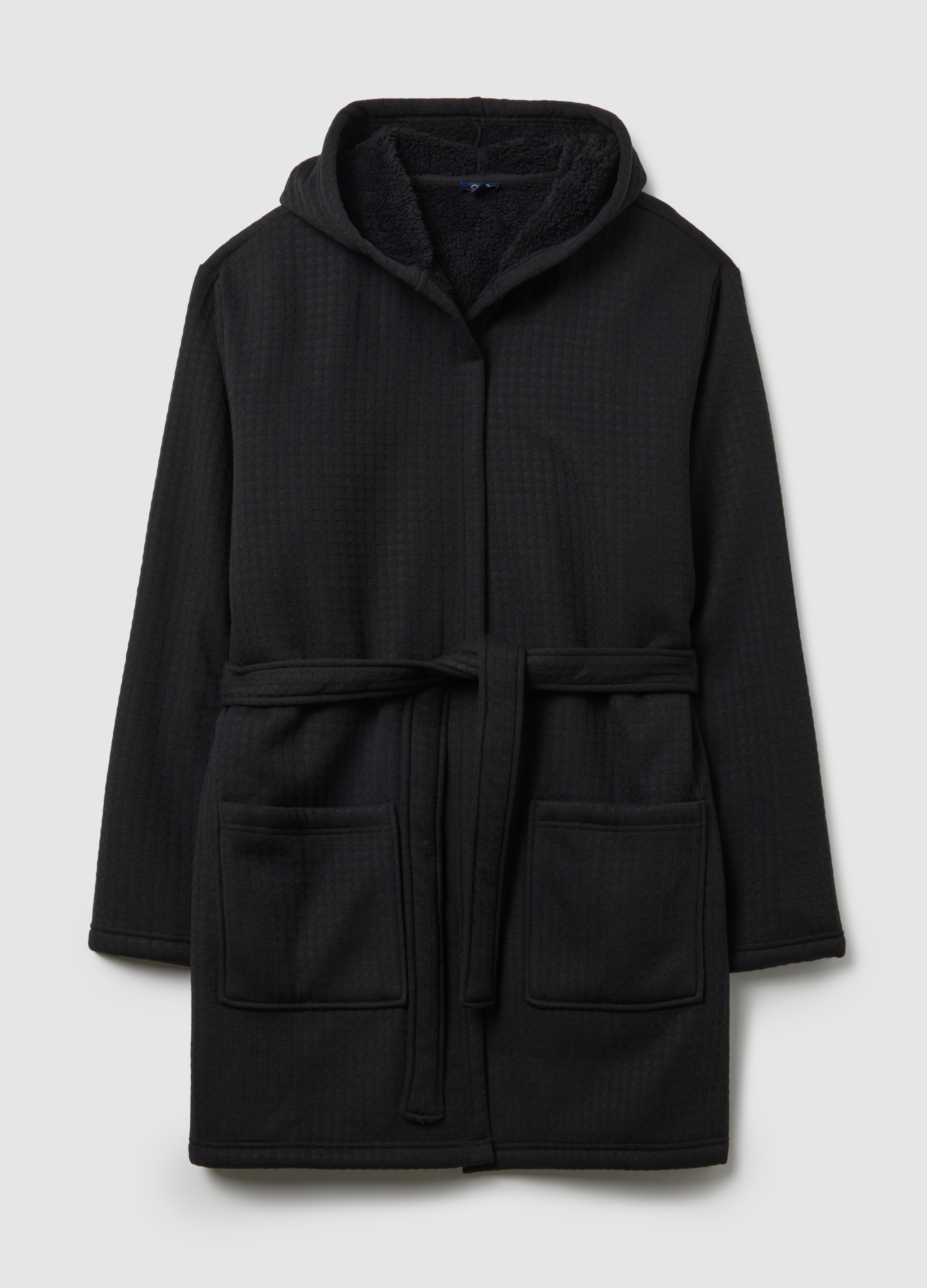 Bata Negra Con Microcuadros, Capucha Y Cinturón, Hombre, Gunmetal, Talla: 38