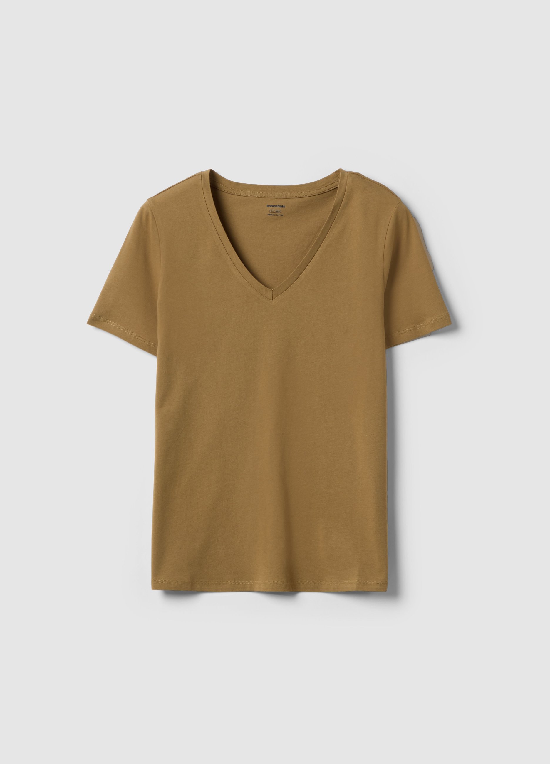 Camiseta Marrón De Algodón Puro Con Cuello En V De Corte Regular, Mujer, Marrón claro, Talla: 34