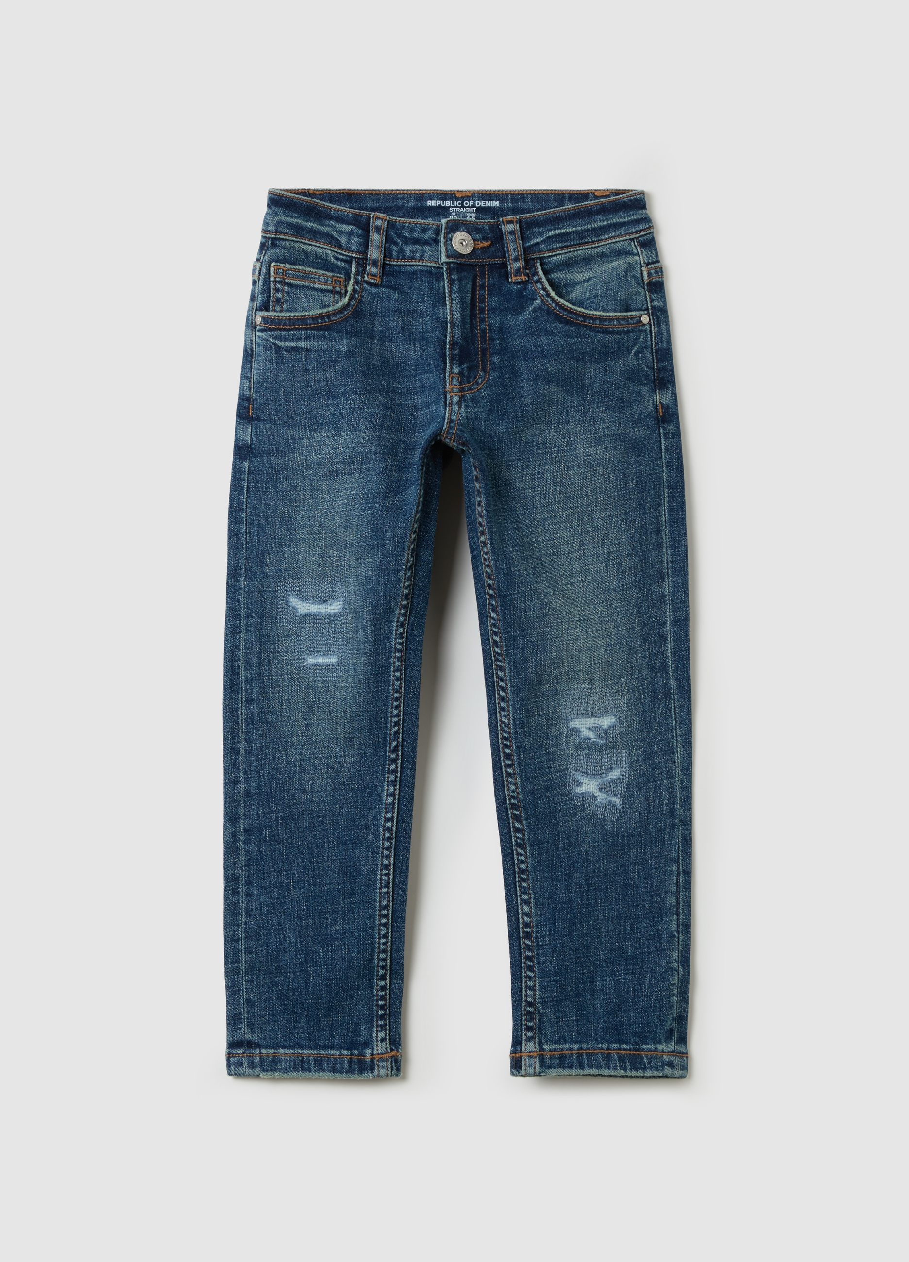 OVS, Jeans Straight Fit Con Abrasioni E Stampa, Bambino, Denim, Taglia: 4-5