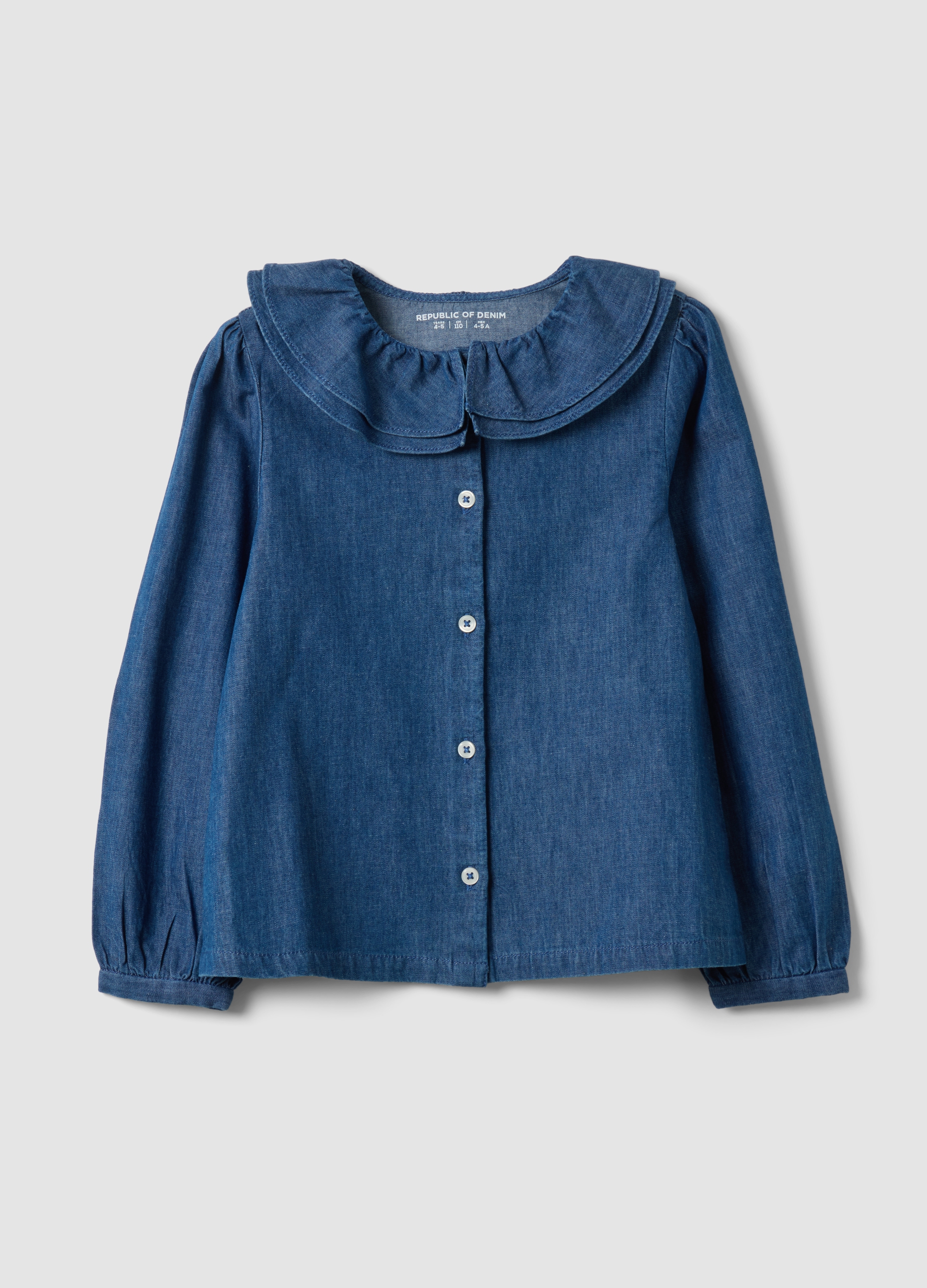 REPUBLIC OF DENIM, Camicia Blu In Puro Cotone Organico Con Colletto Ampio, Bambina, Blu, Taglia: 5-6