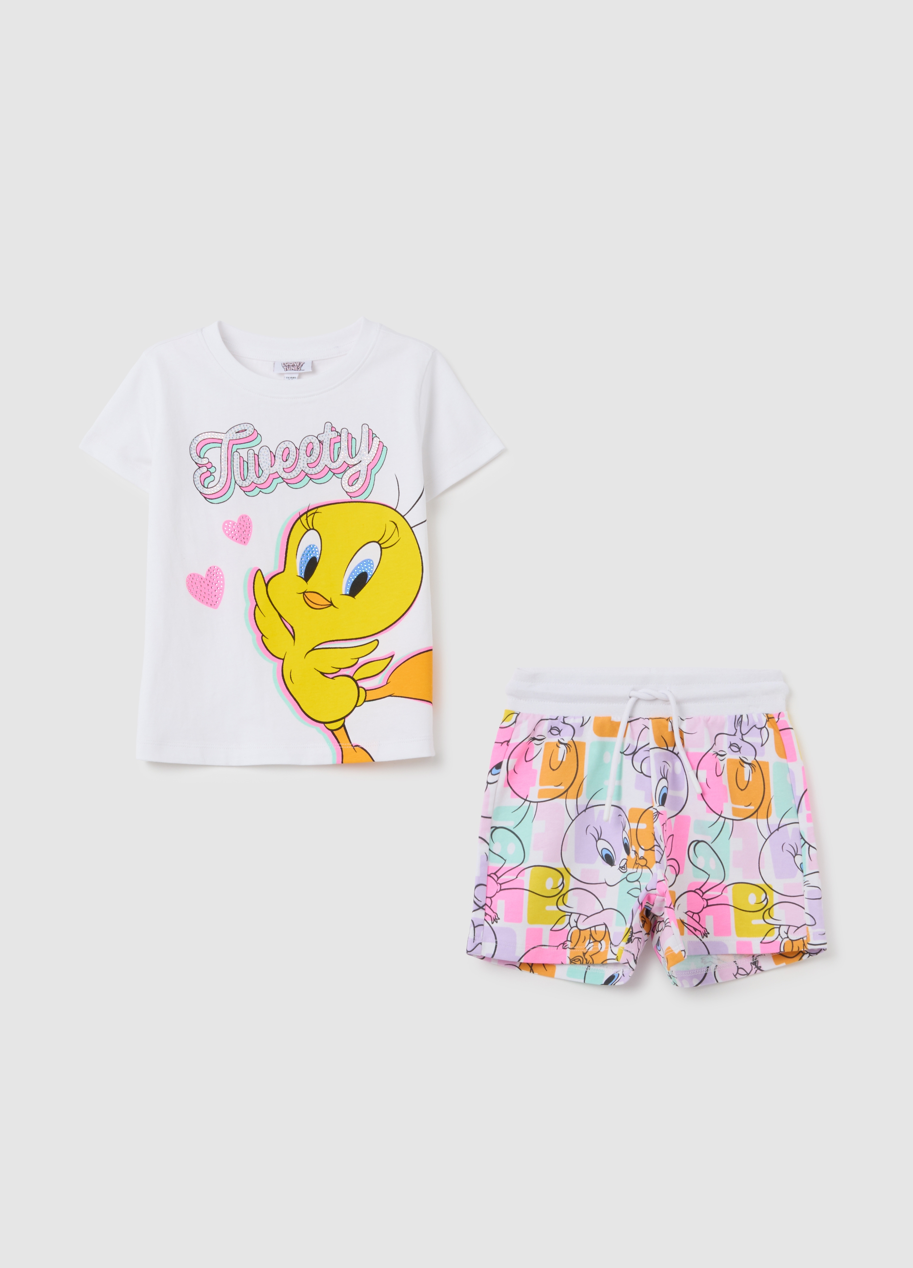 OVS, Completo Da Bambina In Puro Cotone Bianco Regular Fit Con Stampe Looney Tunes, Bianco, Taglia: 3-4