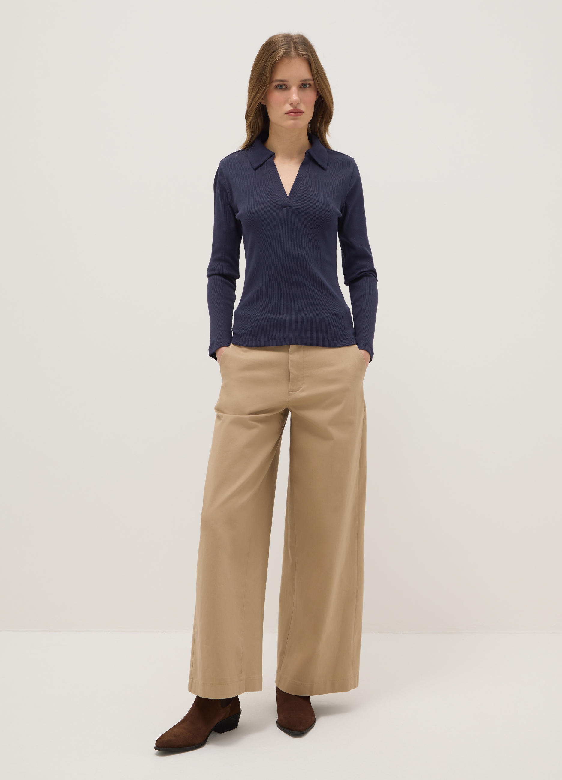 OVS, Polo A Maniche Lunghe Blu Con Collo A V In Puro Cotone Regular Fit, Donna, Blu, Taglia: S