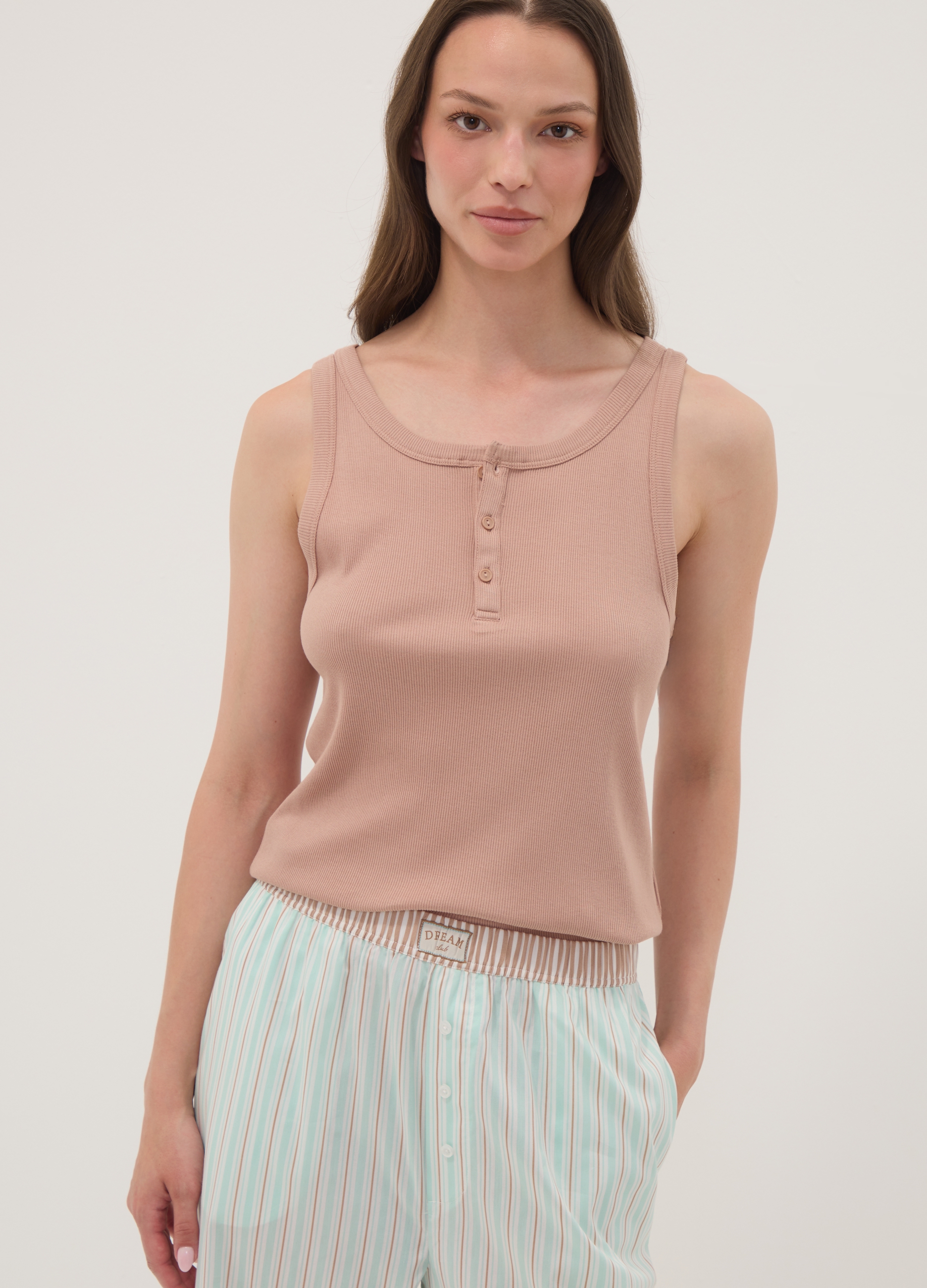 OVS, Canotta Serafino Beige In Misto Cotone E Viscosa A Costine, Donna, Beige, Taglia: XXL