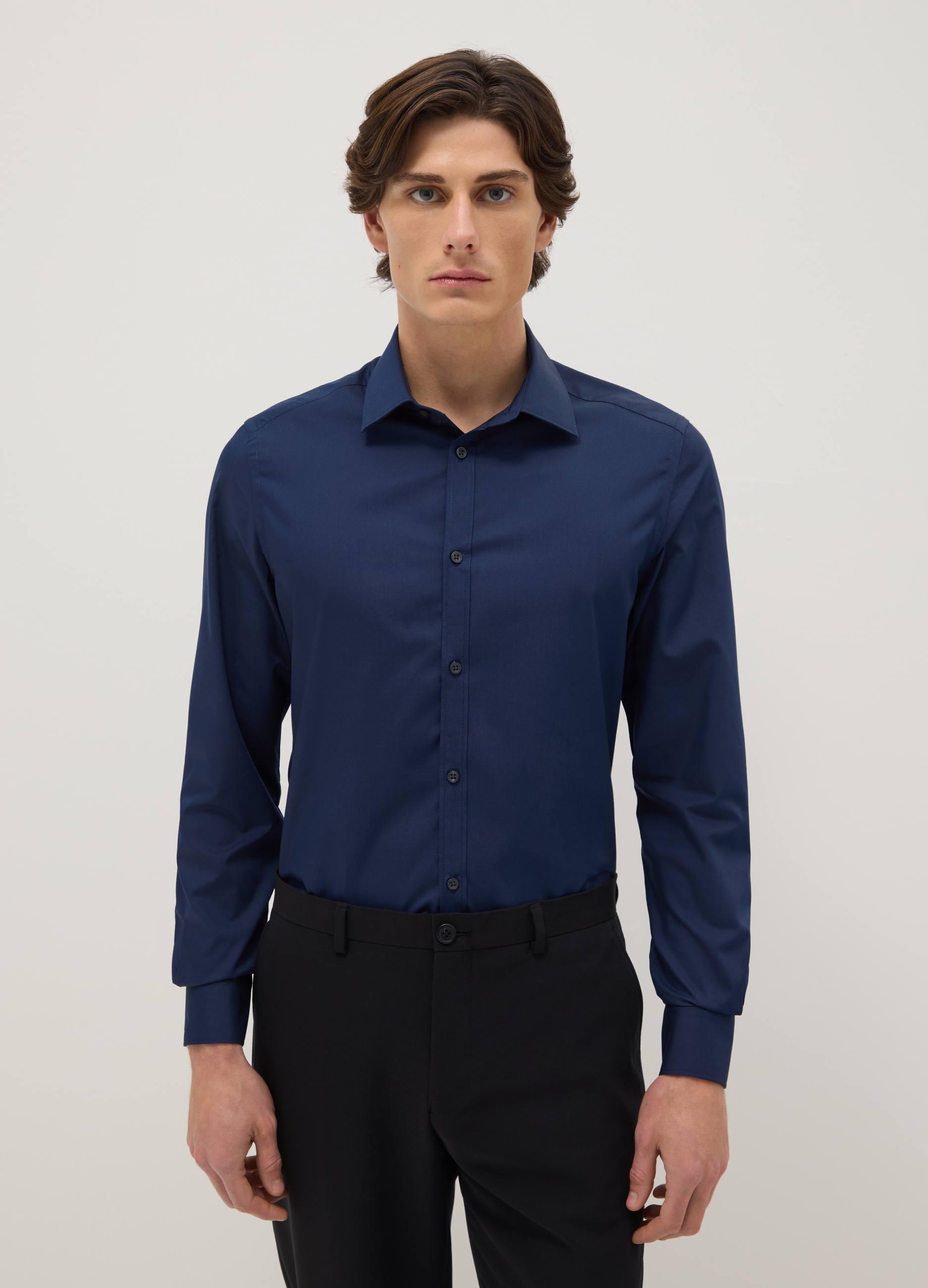 Camisa Azul Slim Fit En Mezcla De Algodón, Fácil De Planchar, Hombre, Azul oscuro, Talla: 42