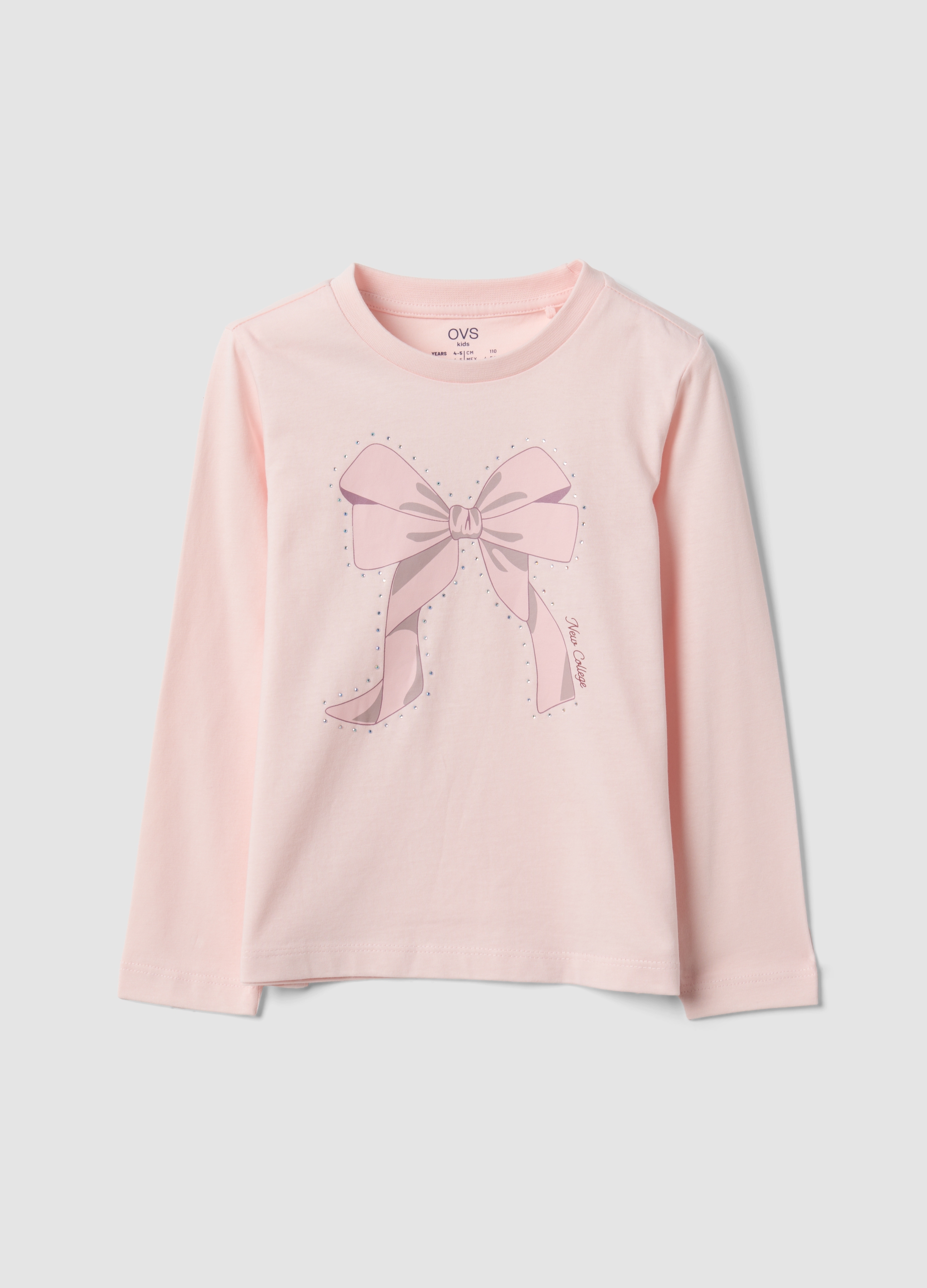 OVS KIDS, T-shirt Rosa In Puro Cotone Organico Con Stampa Fiocco Per Bambina, Rosa, Taglia: 3-4
