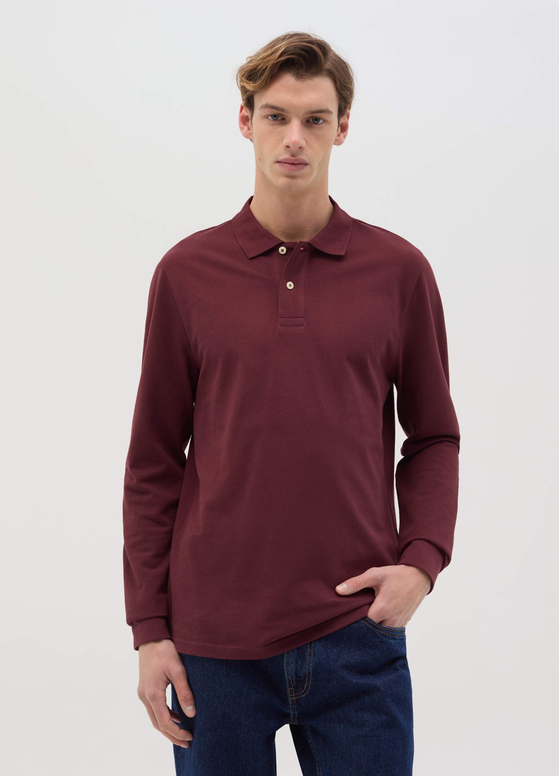 Polo De Manga Larga De Algodón Orgánico, Hombre, Rojo Oscuro, Talla: 3XL
