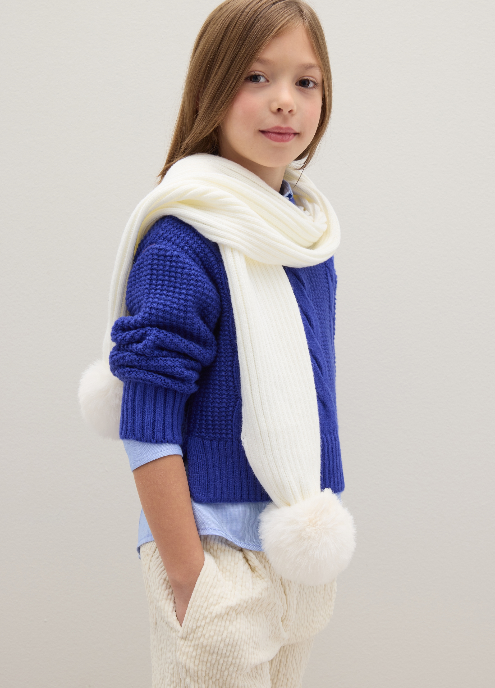 PIOMBO KIDS, Sciarpa Bianca A Coste Da Bambina Con Pompon, Bianco, Taglia: ONE SIZE