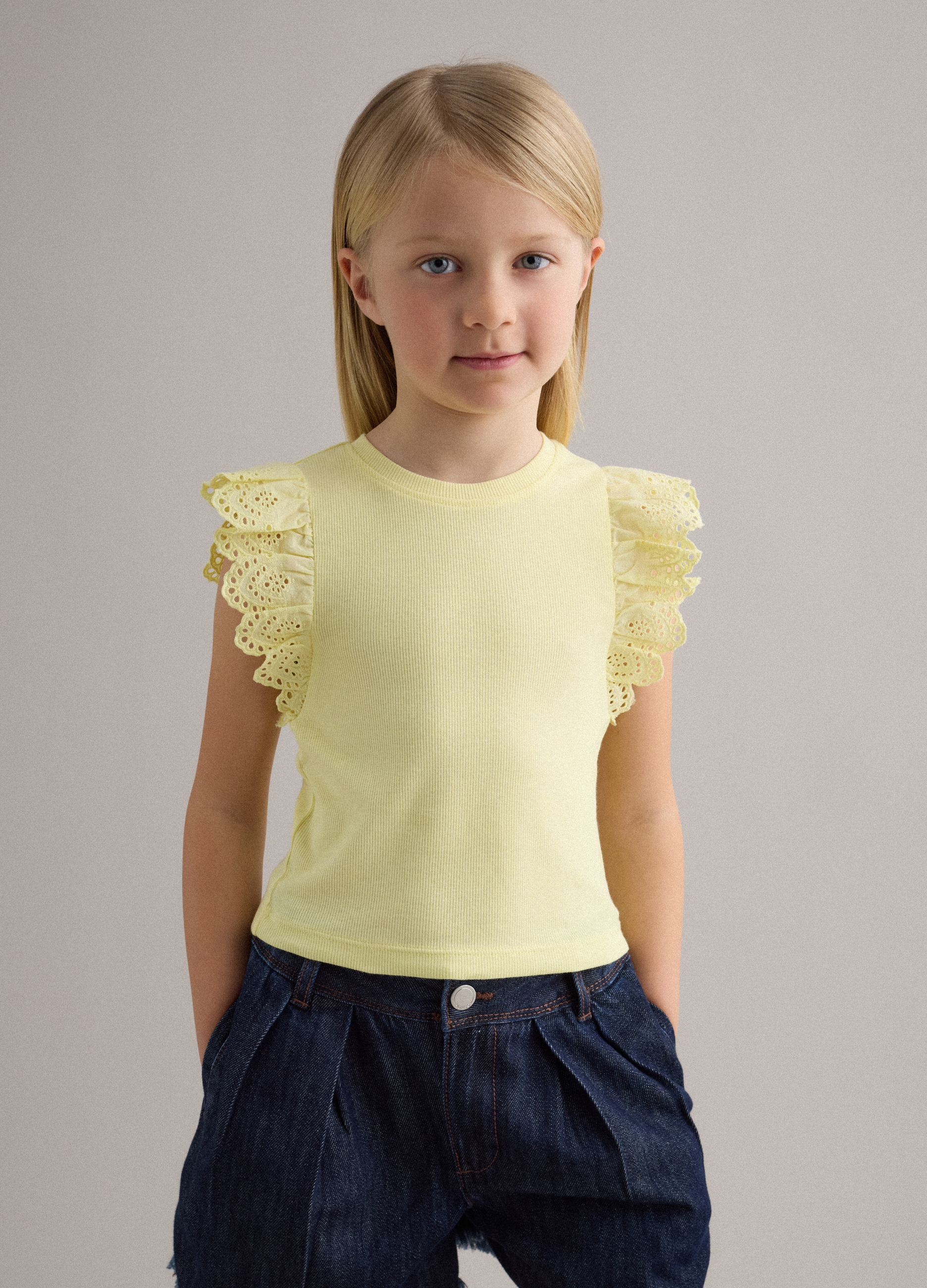 PIOMBO KIDS, Camiseta De Tirantes Amarilla De Algodón Elástico Para Niña Con Volantes, Niña, Amarillo Claro, Talla: 8