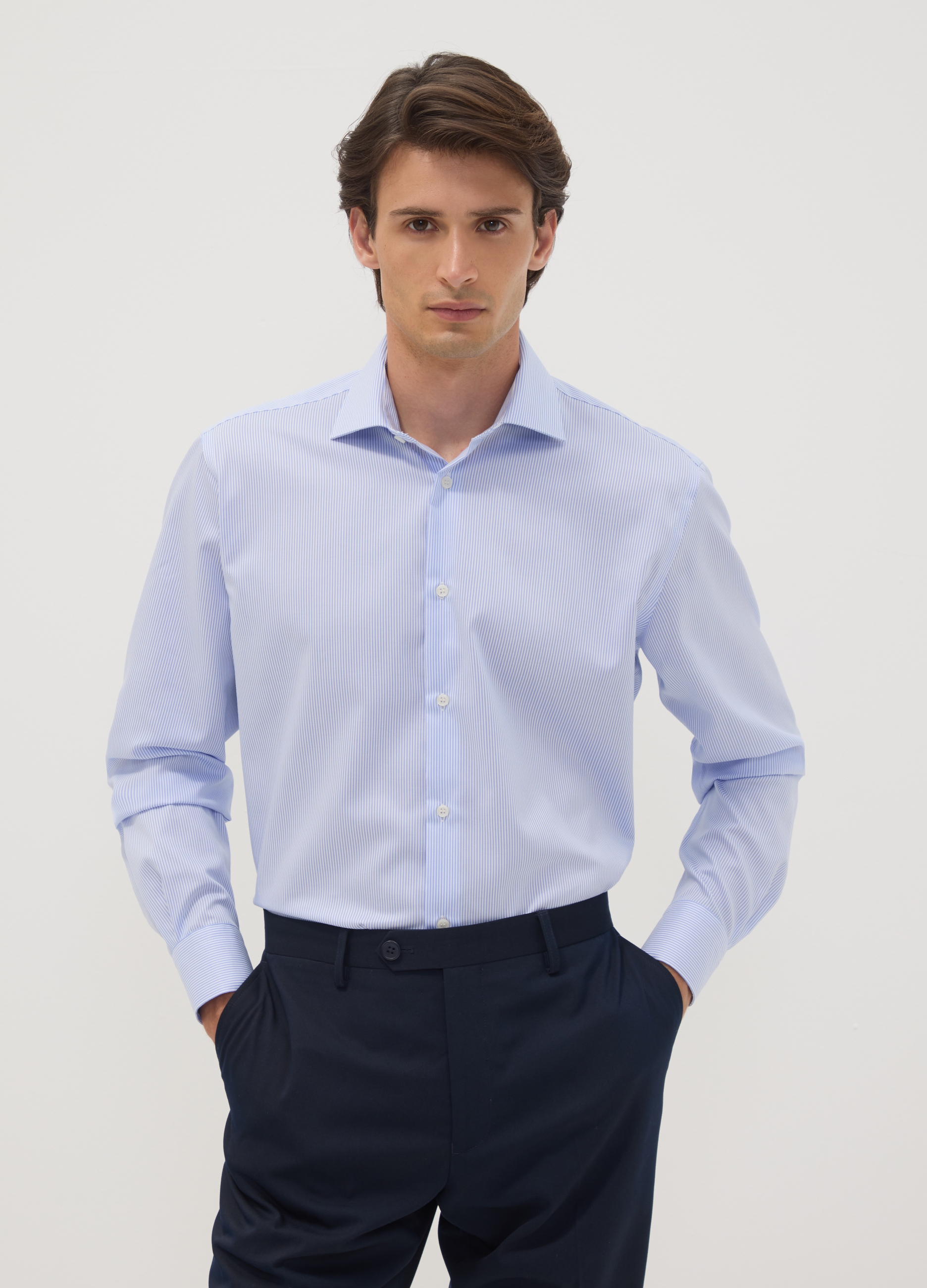 OVS, Camicia Azzurra In Puro Cotone A Righe Con Colletto Classico Regular Fit, Uomo, Azzurro, Taglia: 45