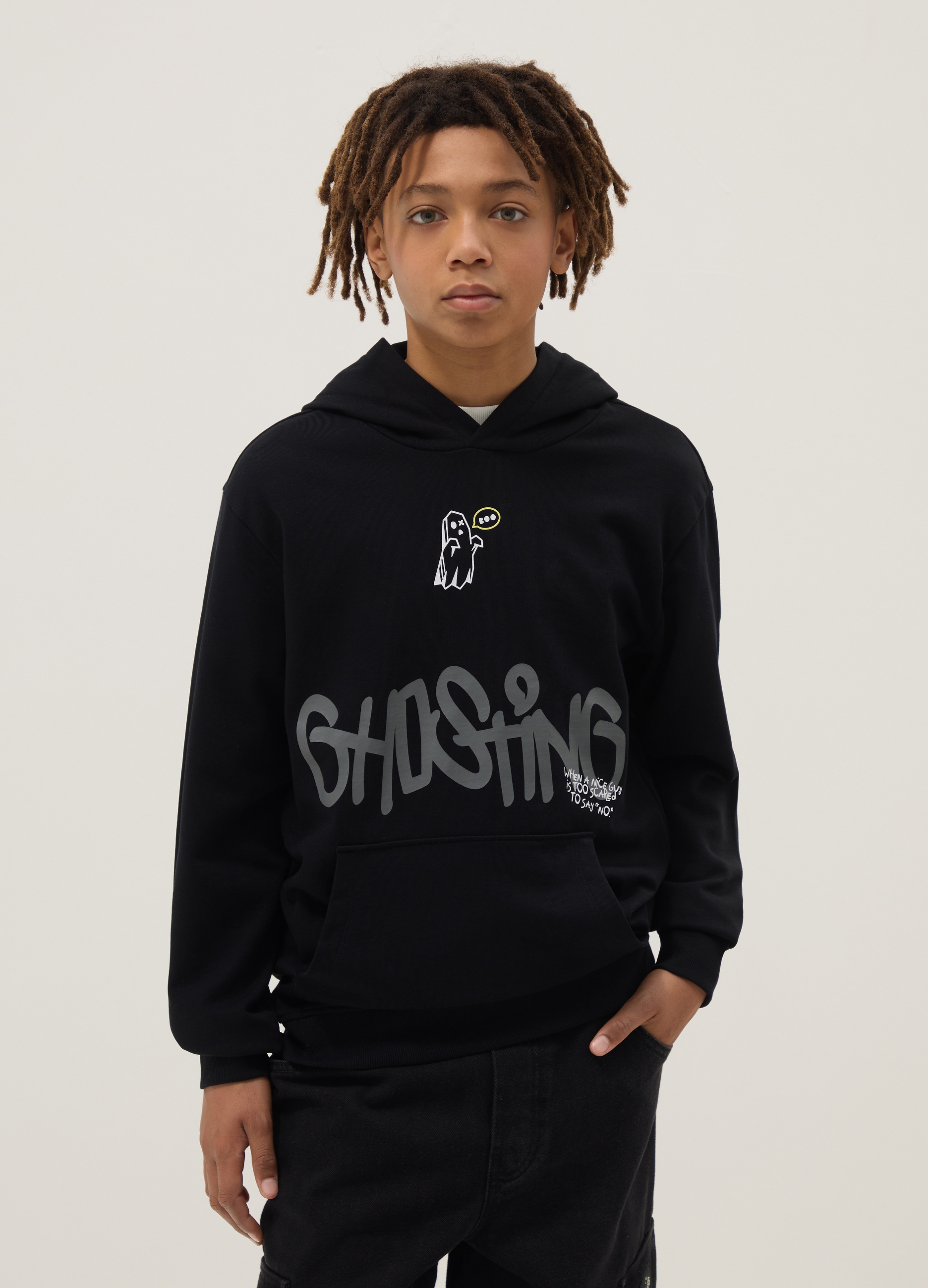 OVS KIDS, Felpa In Puro Cotone Nero Da Ragazzo Regular Fit Con Cappuccio, Bambino, Nero, Taglia: 12-13