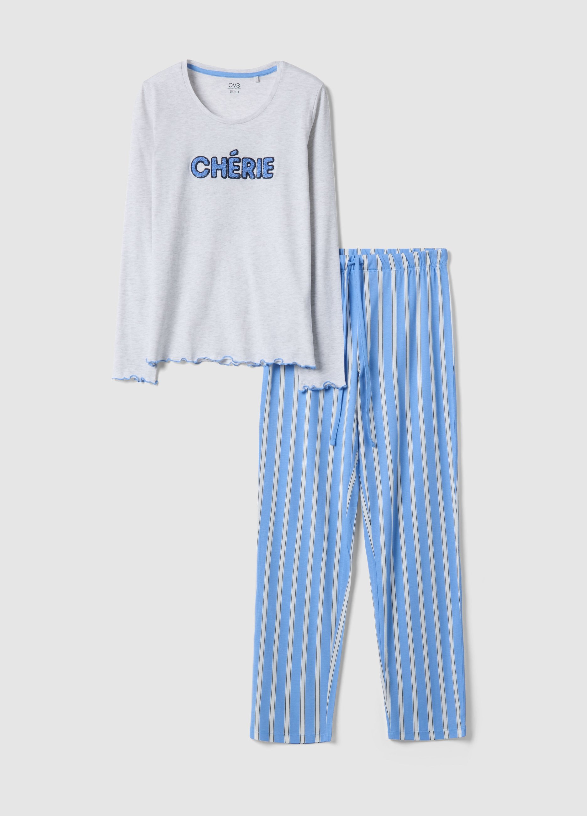 Pijama Multicolor De Algodón Orgánico Regular Fit Con Inscripción, Mujer, Azul Claro/Gris, Talla: S