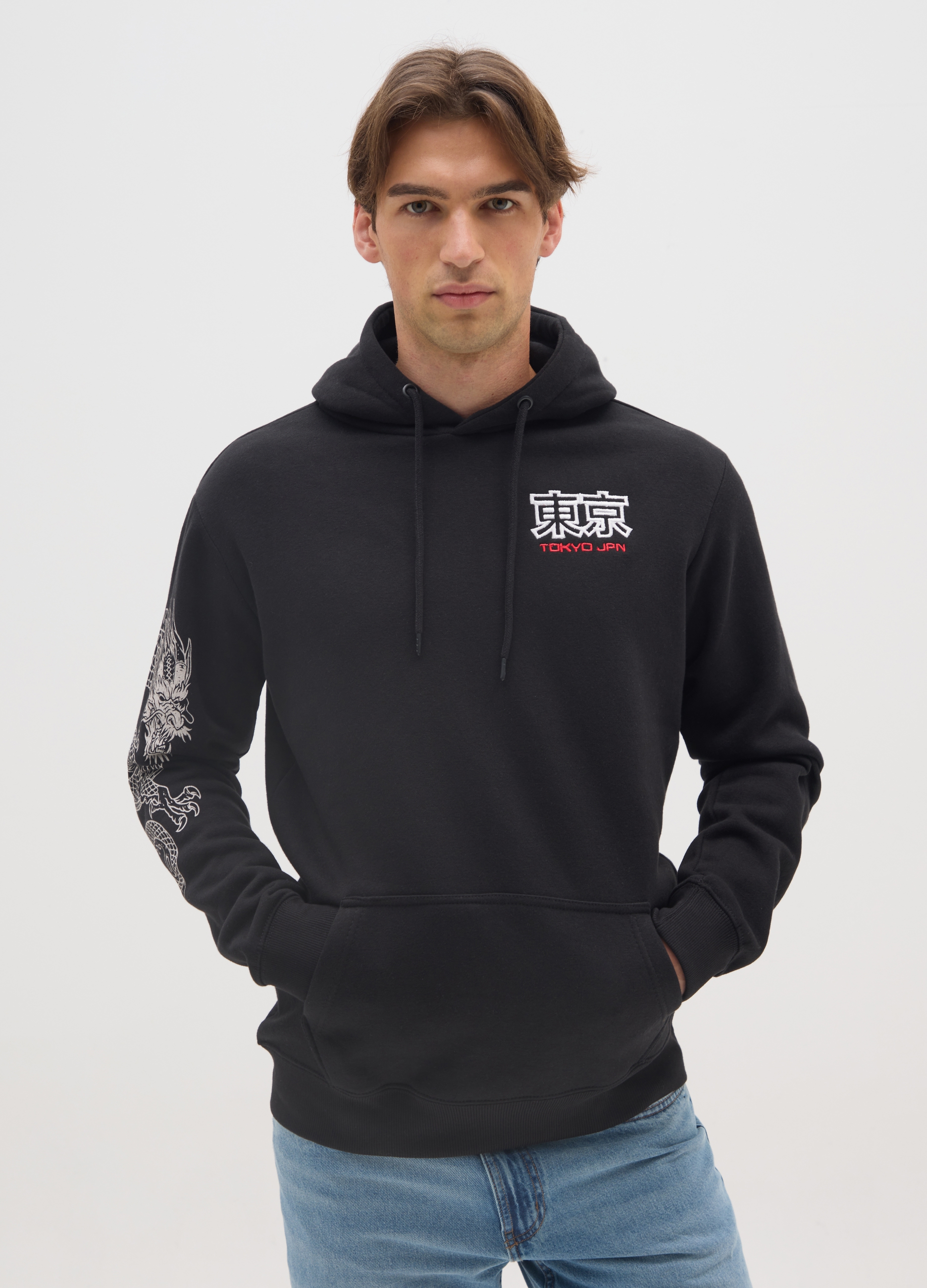 E-TEES, Felpa In Misto Cotone Nera Con Cappuccio E Stampa, Uomo, Nero, Taglia: XL