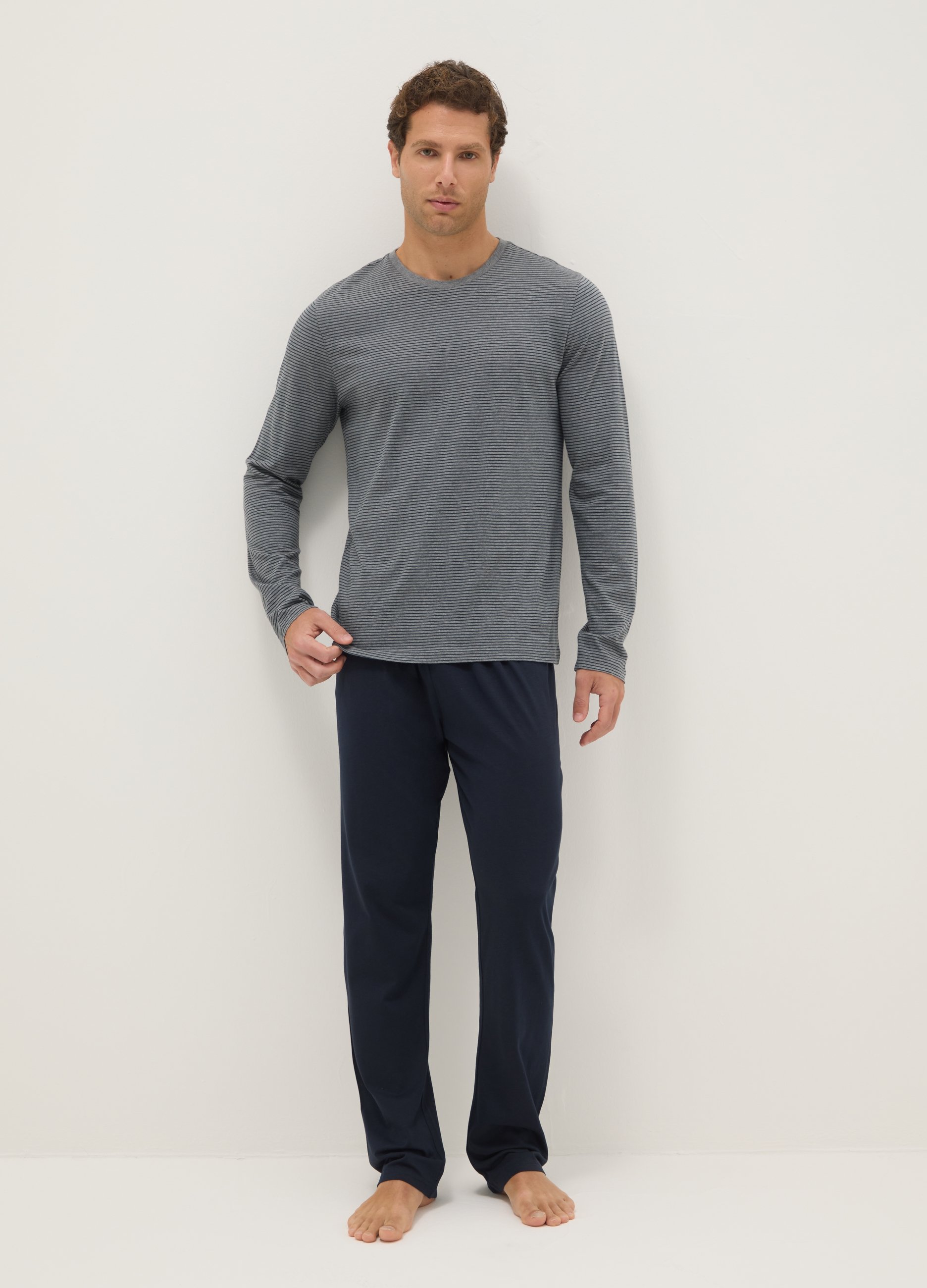 Pijama Largo De Algodón Puro Multicolor Corte Regular, Hombre, Gris/azul, Talla: M