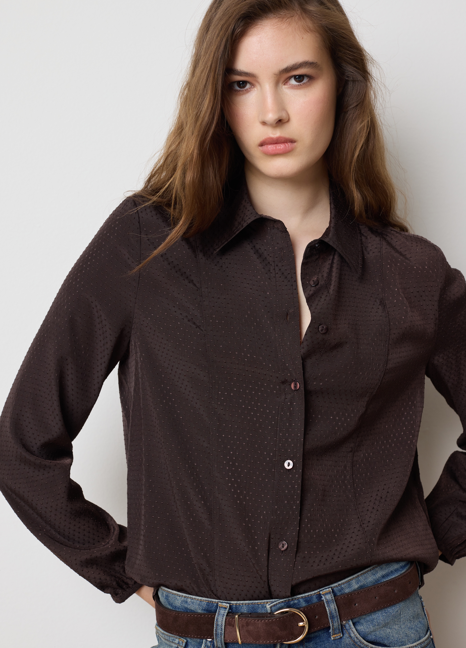 LES COPAINS, Camisa De Satén Marrón Corte Regular, Mujer, Marrón oscuro, Talla: 40