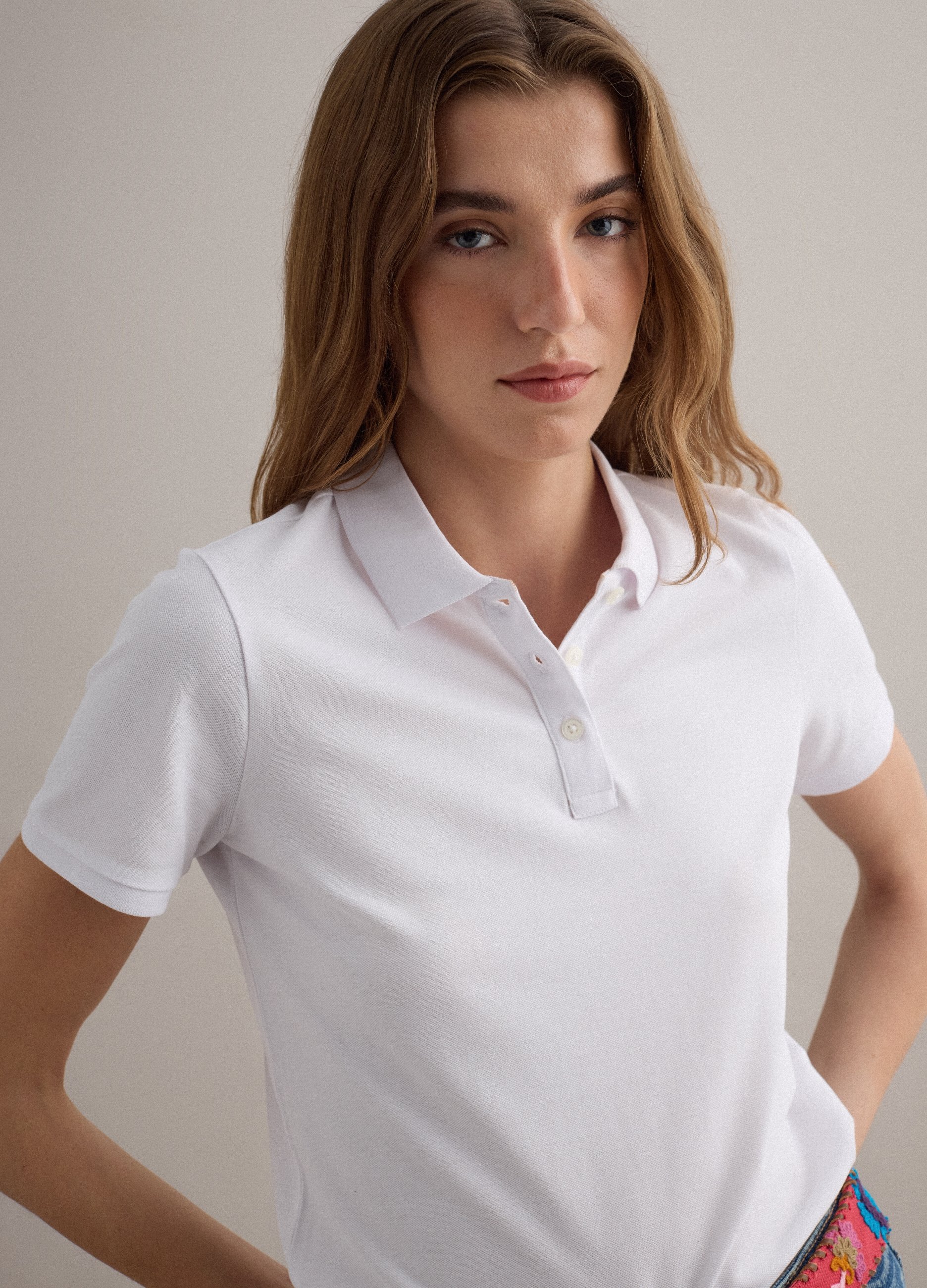 PIOMBO, Polo Blanco De Manga Corta En Algodón Puro, Corte Regular, Mujer, Blanco, Talla: 36