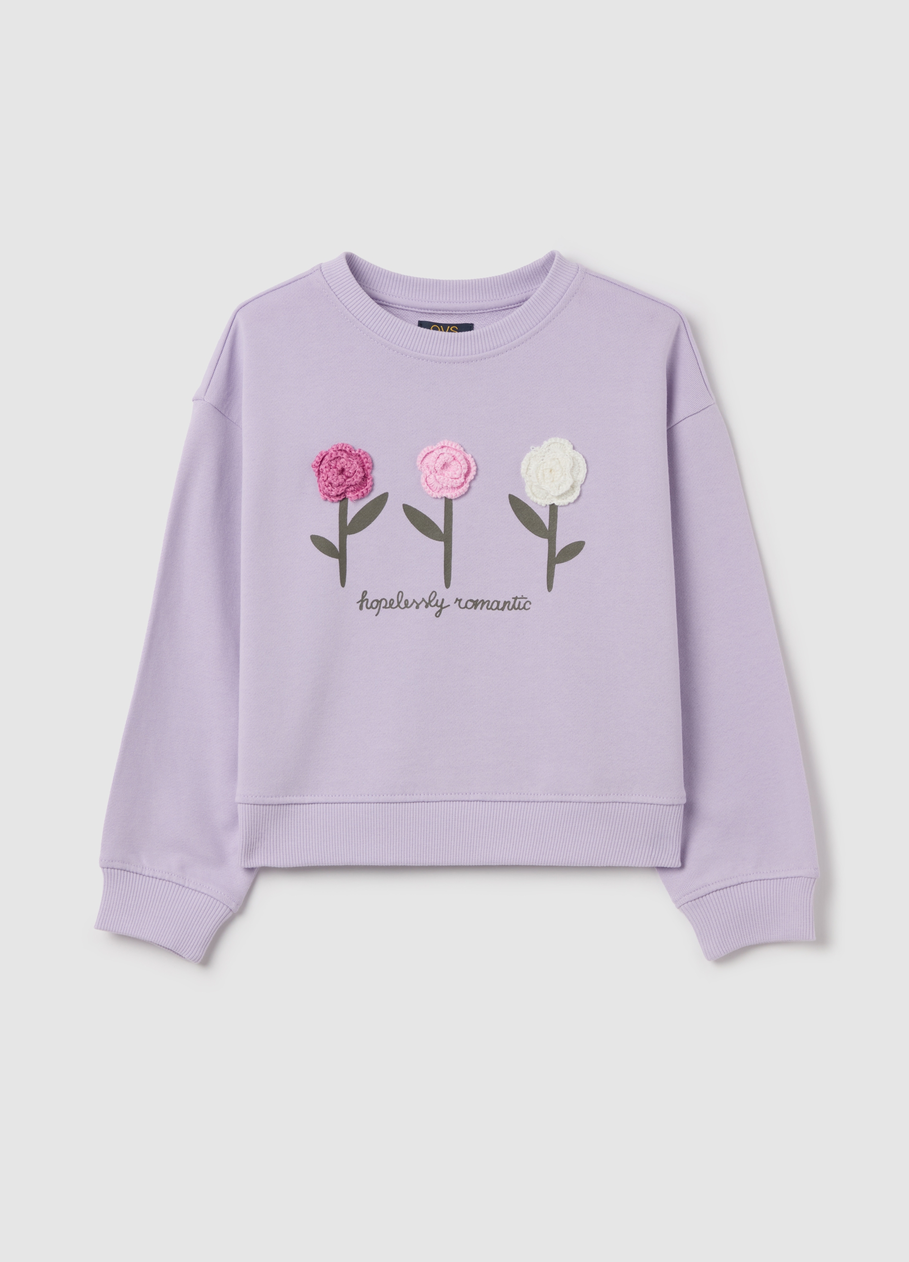 OVS, Felpa In French Terry Con Fiori Crochet, Bambina, Viola, Taglia: 3-4