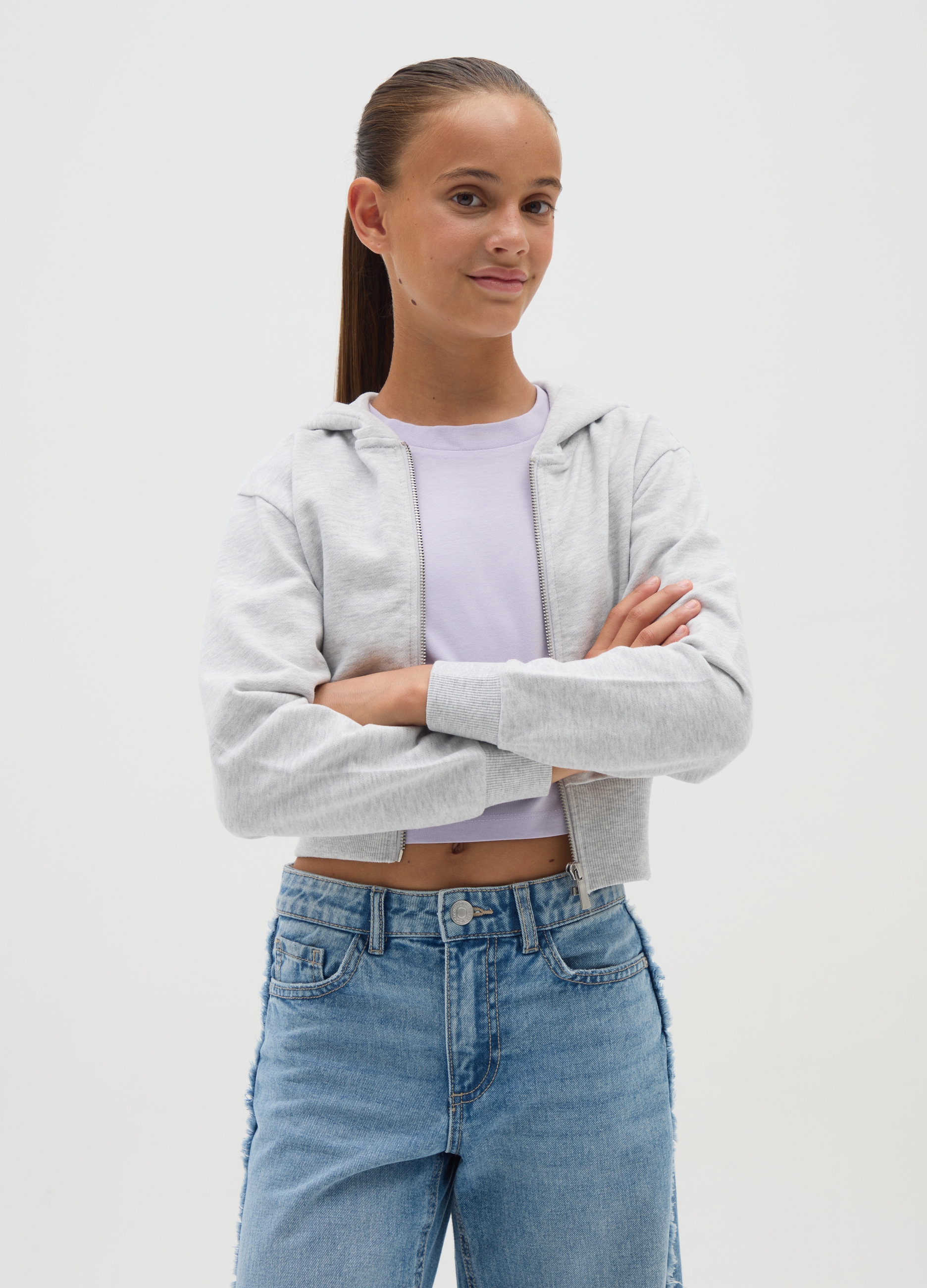 OVS, Graues Mädchen-hoodie Aus Baumwolle Im Fitted-stil, Mädchen, Meliertes Grau, Größe: 10-11