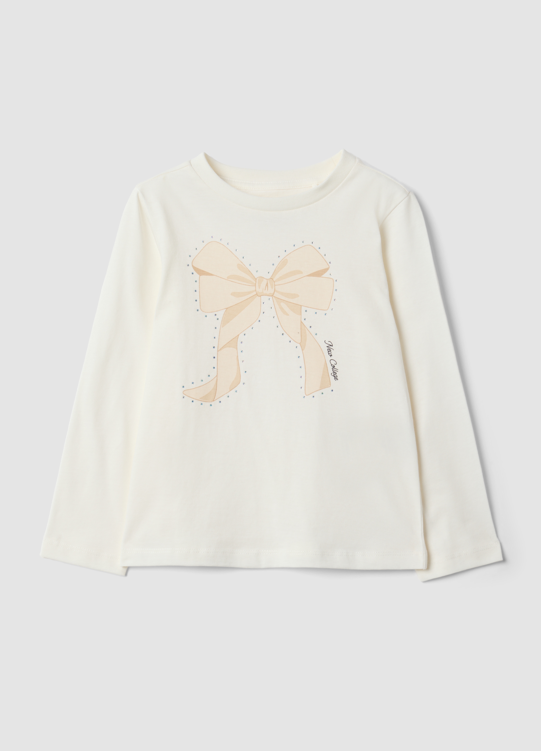 OVS KIDS, T-shirt Bianca In Puro Cotone Organico Con Stampa Fiocco Per Bambina, Bianco, Taglia: 9-10