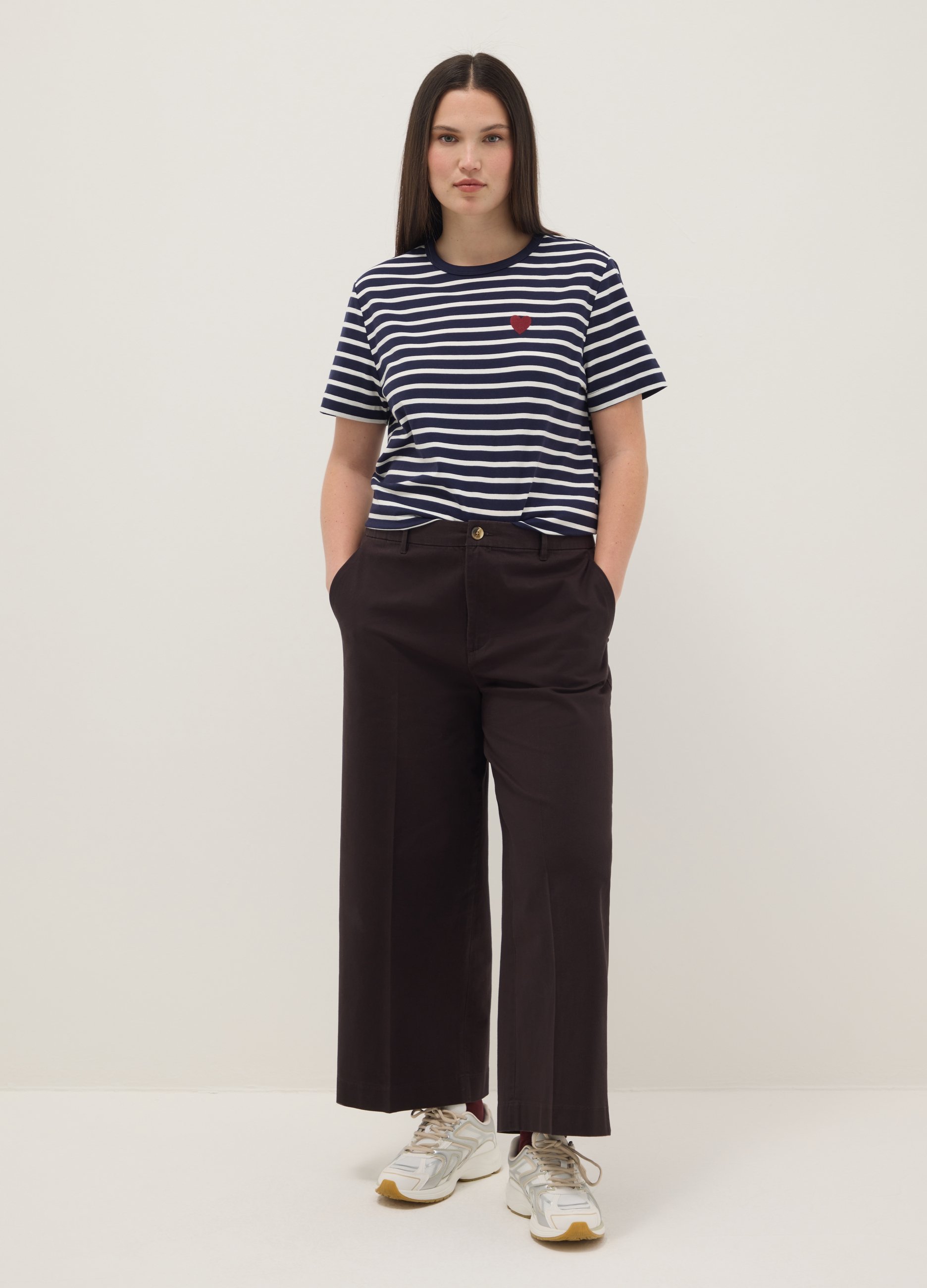 Camiseta De Algodón Elástico A Rayas Multicolor Regular Fit Con Corazón, Mujer, Azul/Blanco, Talla: S