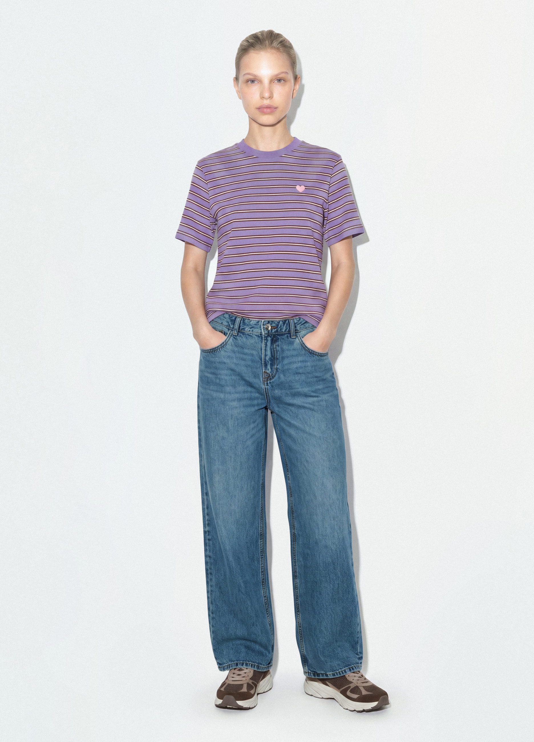 B.ANGEL, T-shirt Viola Relaxed Fit A Righe In Puro Cotone Con Ricamo Cuore, Donna, Viola, Taglia: XXS