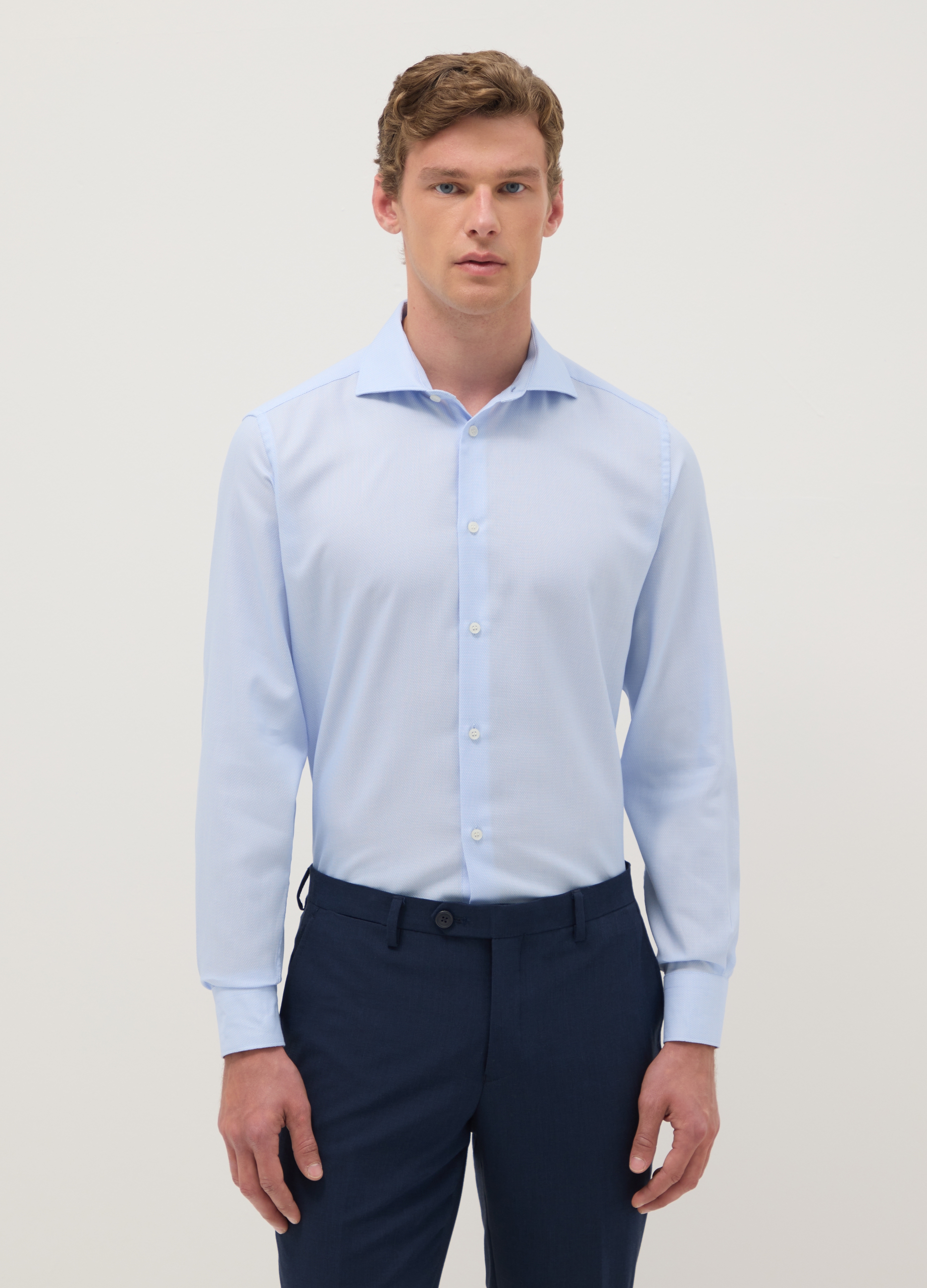 OVS, Camicia Azzurra Con Colletto Alla Francese In Puro Cotone Slim Fit, Uomo, Azzurro, Taglia: 38