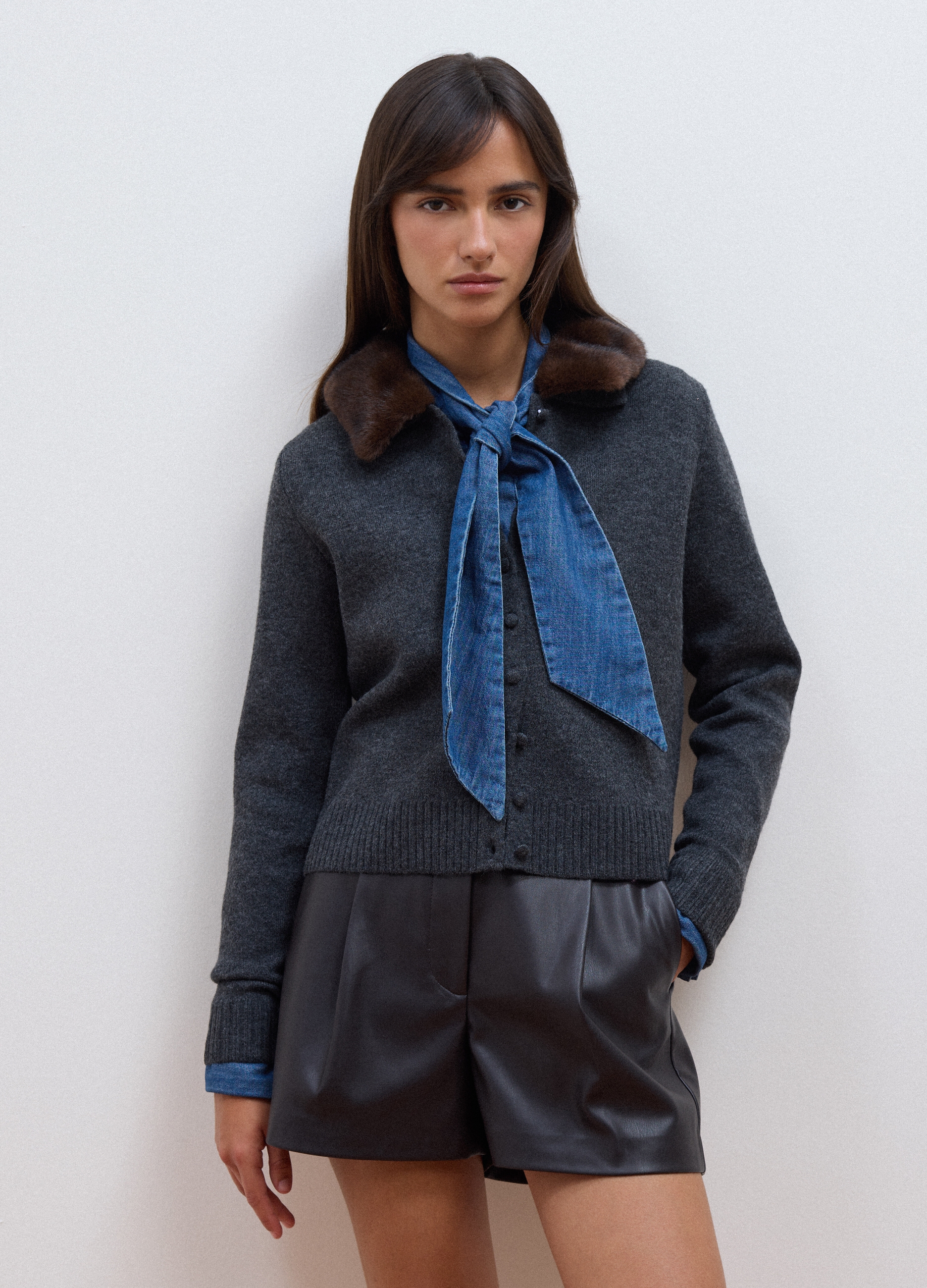 LES COPAINS, Cardigan Grigio Con Colletto A Contrasto Regular Fit, Donna, Grigio, Taglia: S
