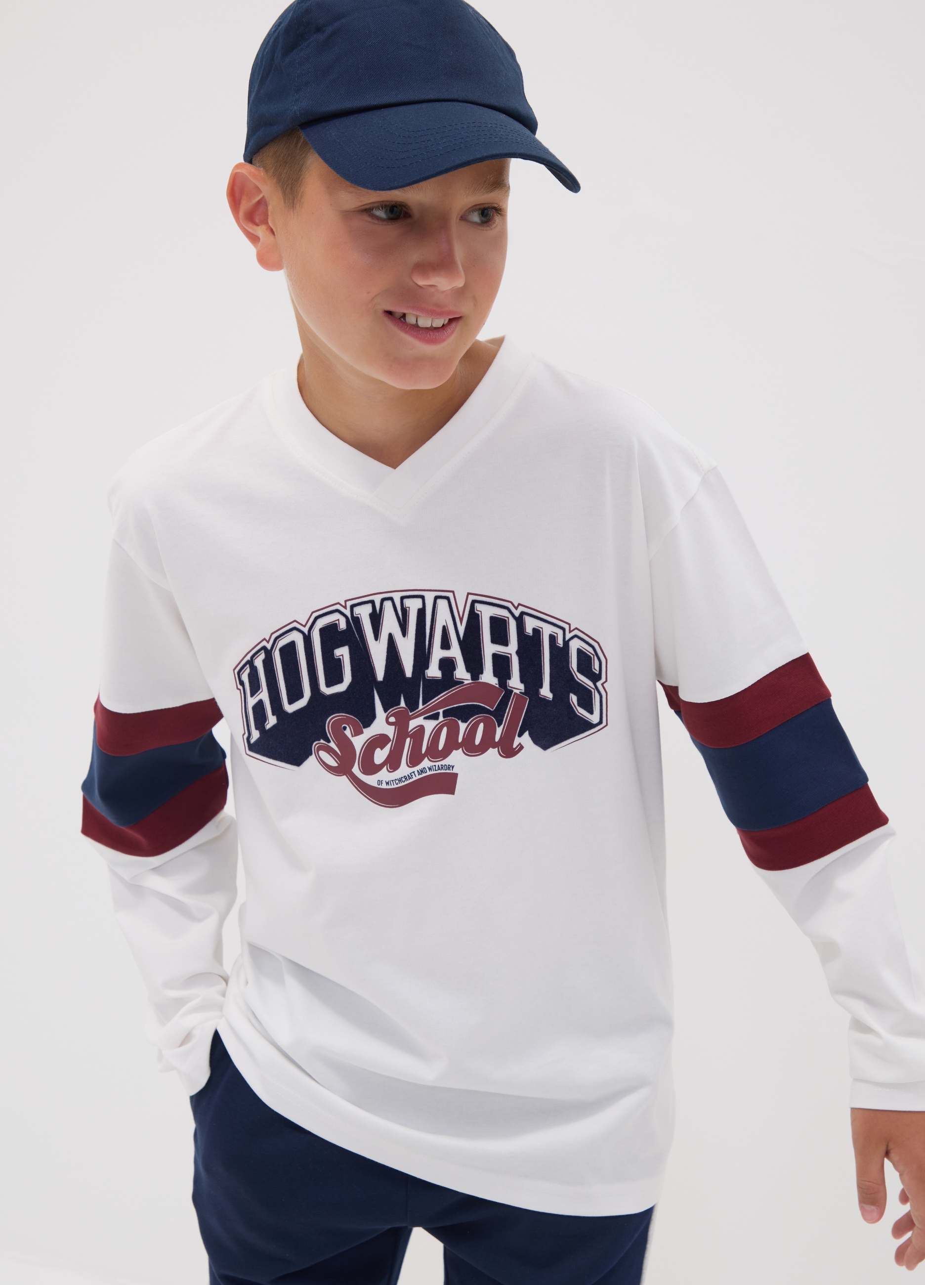 WARNER BROS, T-shirt Bianca In Puro Cotone Con Scollo A V Con Stampa Harry Potter, Bambino, Bianco, Taglia: 12-13