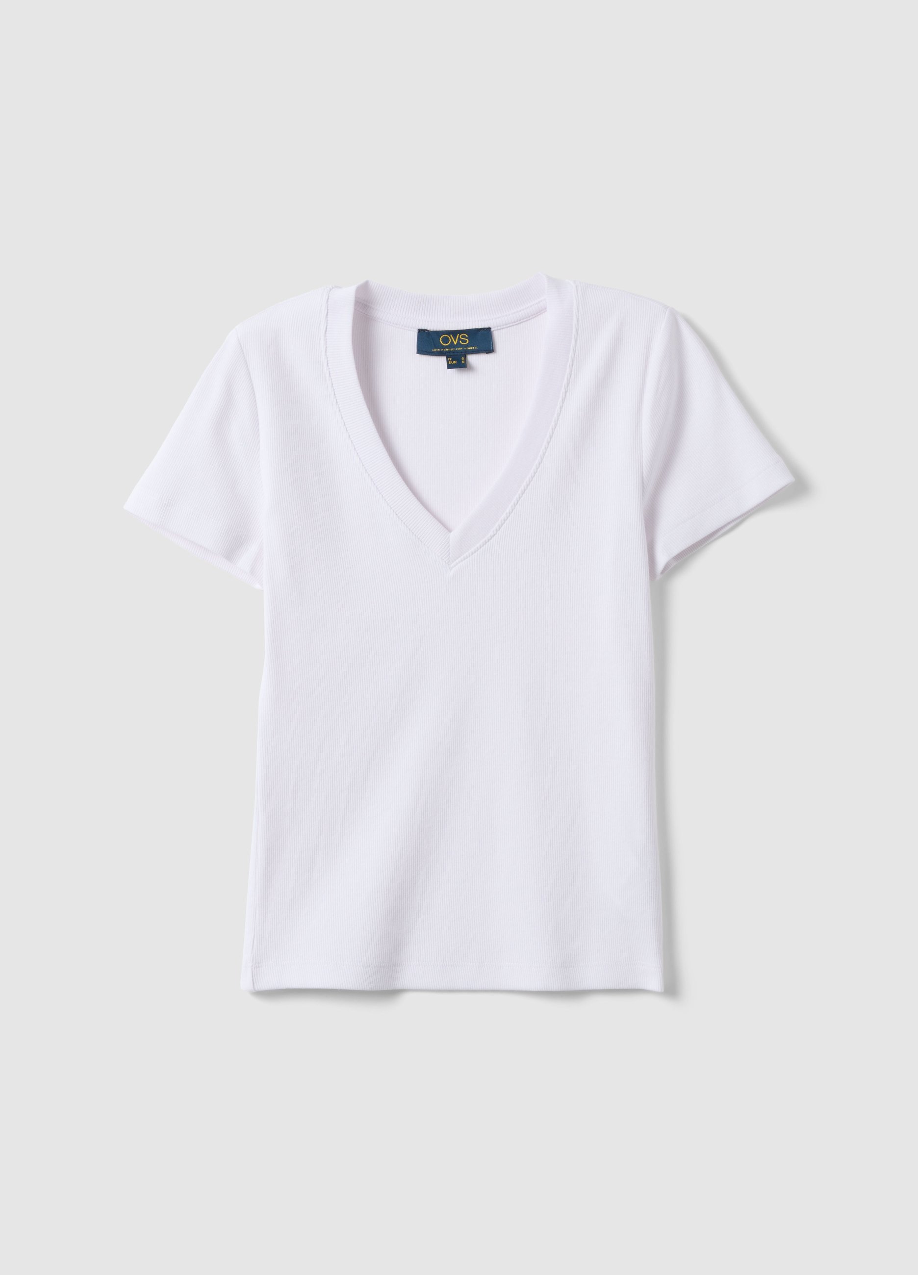 Camiseta Blanca De Algodón Elástico Regular Fit Con Profundo Escote En V, Mujer, Blanco óptico, Talla: 38