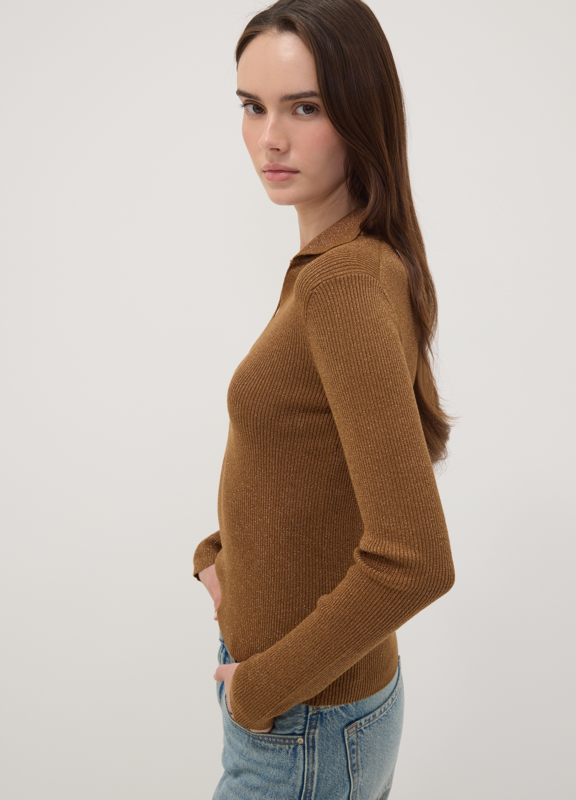 OVS, Maglia Marrone In Misto Viscosa A Costine Con Collo Polo, Donna, Marrone, Taglia: S