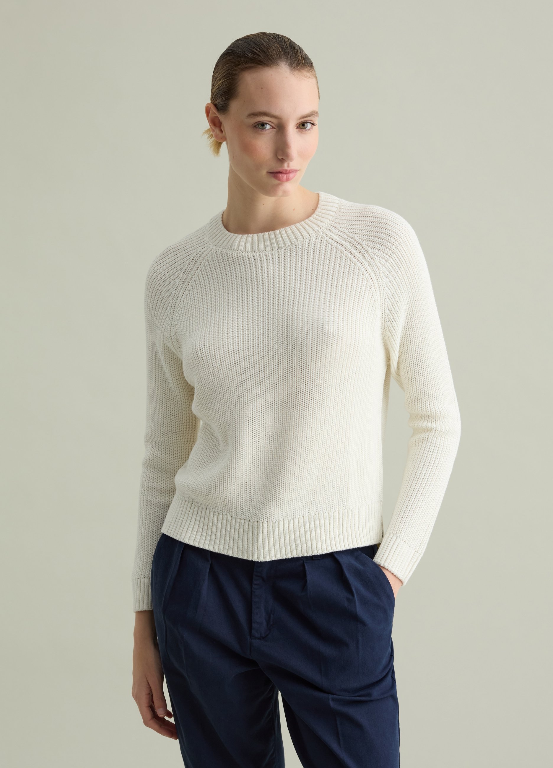 PIOMBO, Jersey En Punto Tricot Con Mangas Raglán, Mujer, Blanco crema, Talla: 36