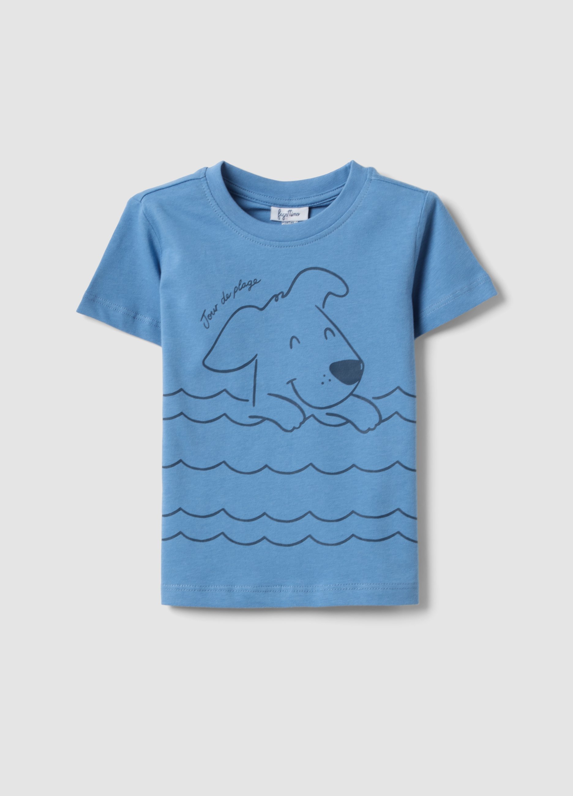 FAGOTTINO, Camiseta Azul De Algodón Puro Para Niño De Corte Regular Con Estampado De Perro, Niño, Azul oscuro, Talla: 30-36