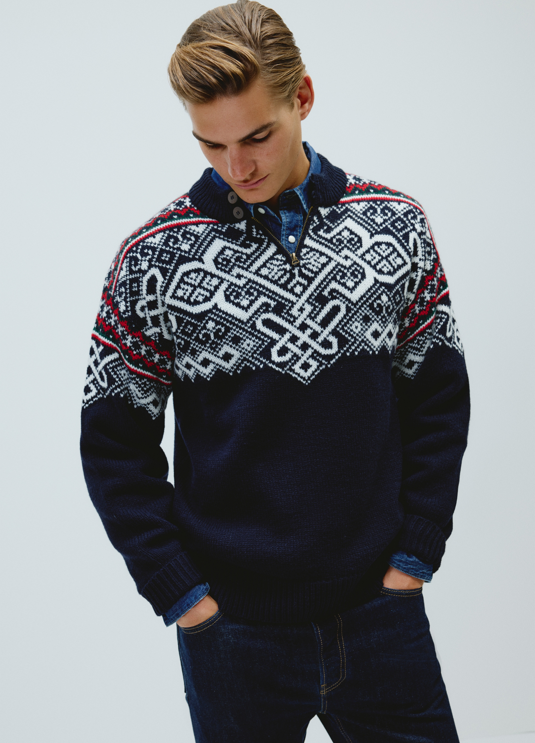 OVS, Pullover Blu Con Motivo Jacquard In Misto Lana Con Zip, Uomo, Multicolor, Taglia: S