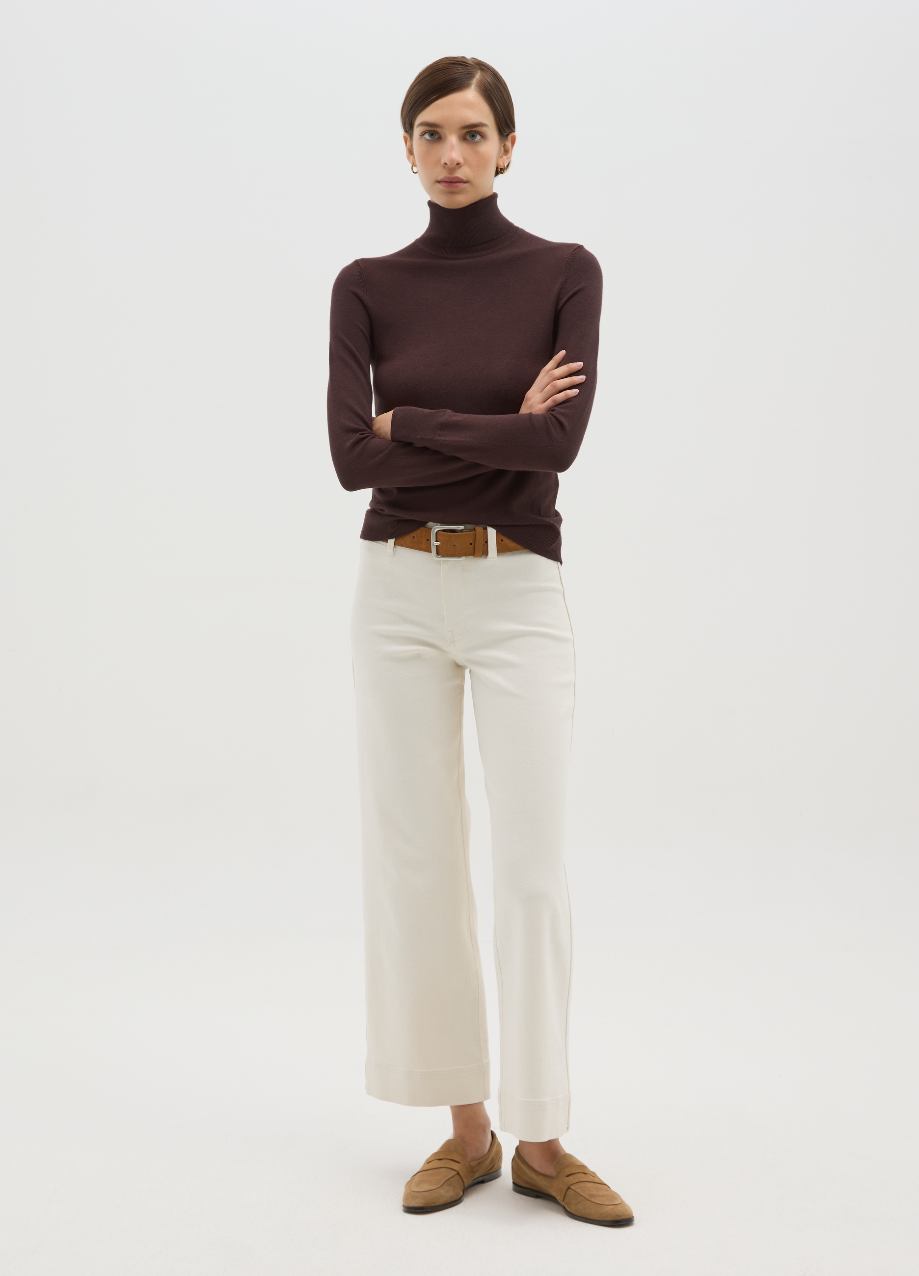 Suéter Marrón De Canalé Con Cuello Alto Y Ajuste Regular, Mujer, Marrón oscuro, Talla: 42