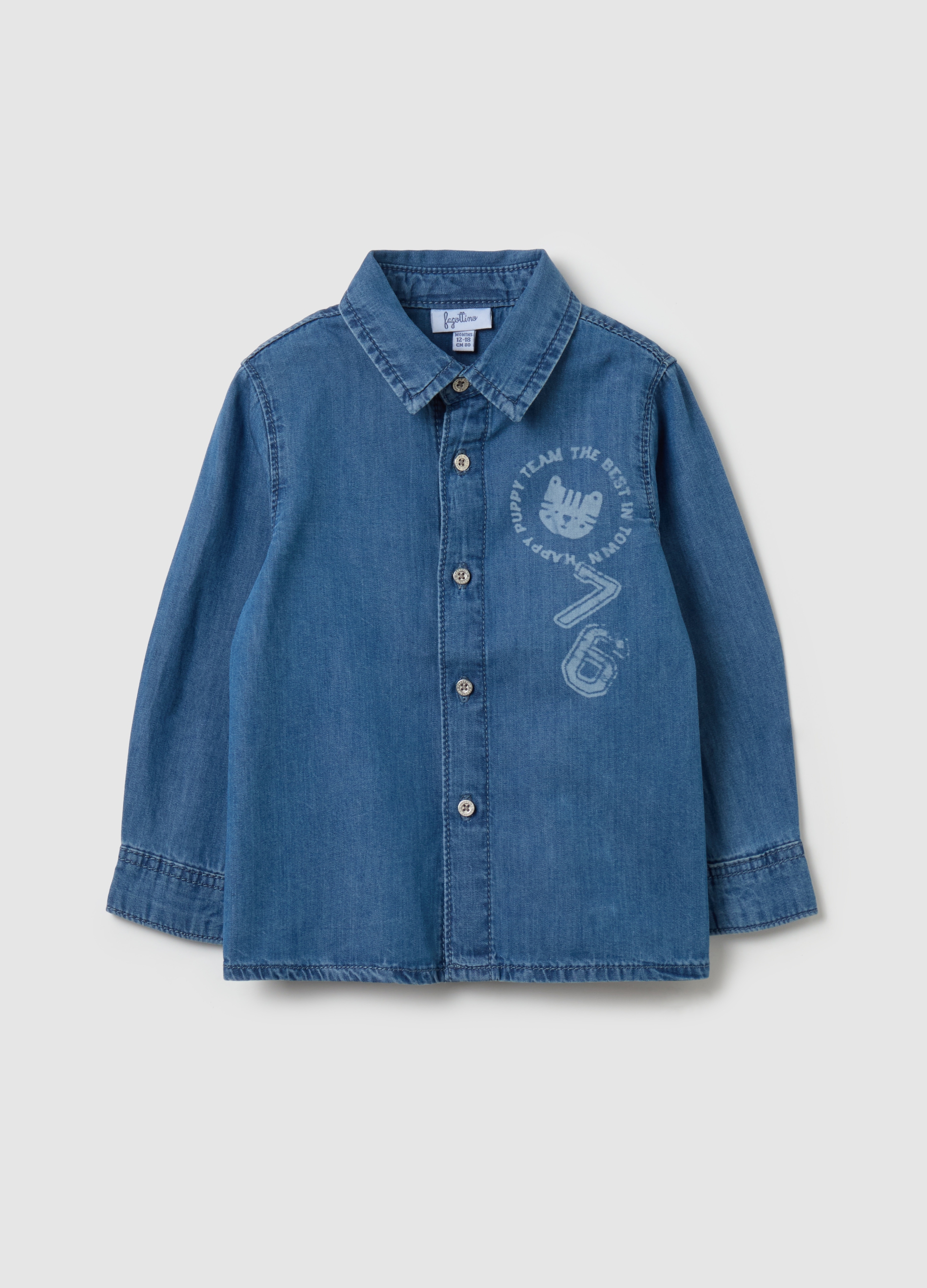 FAGOTTINO, Camicia In Denim Stampa Lettering E Tigrotto, Bambino, Denim, Taglia: 12-18