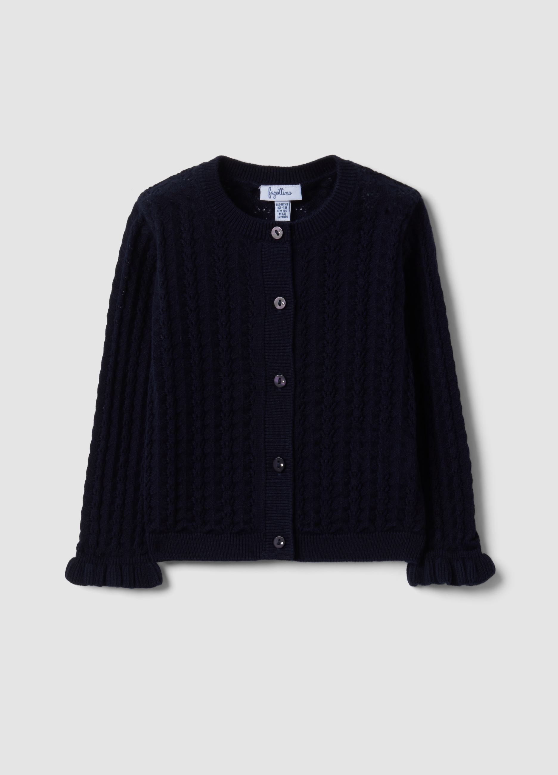 FAGOTTINO, Cardigan Blu In Puro Cotone A Maglia Traforata Per Bimba, Bambina, Blu, Taglia: 12-18