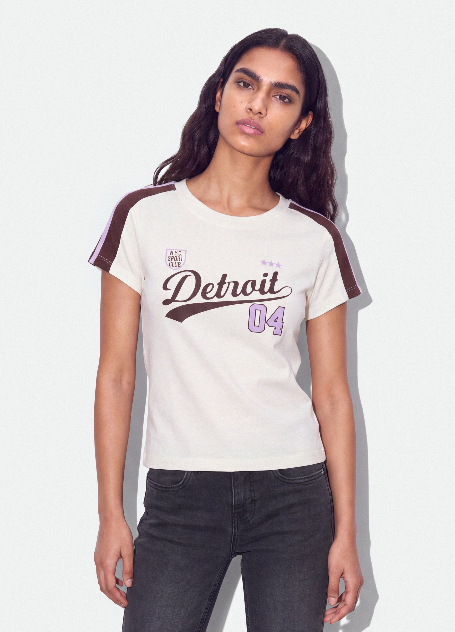 B.ANGEL, T-shirt Bianca In Puro Cotone Con Girocollo E Stampa Detroit, Donna, Bianco, Taglia: S