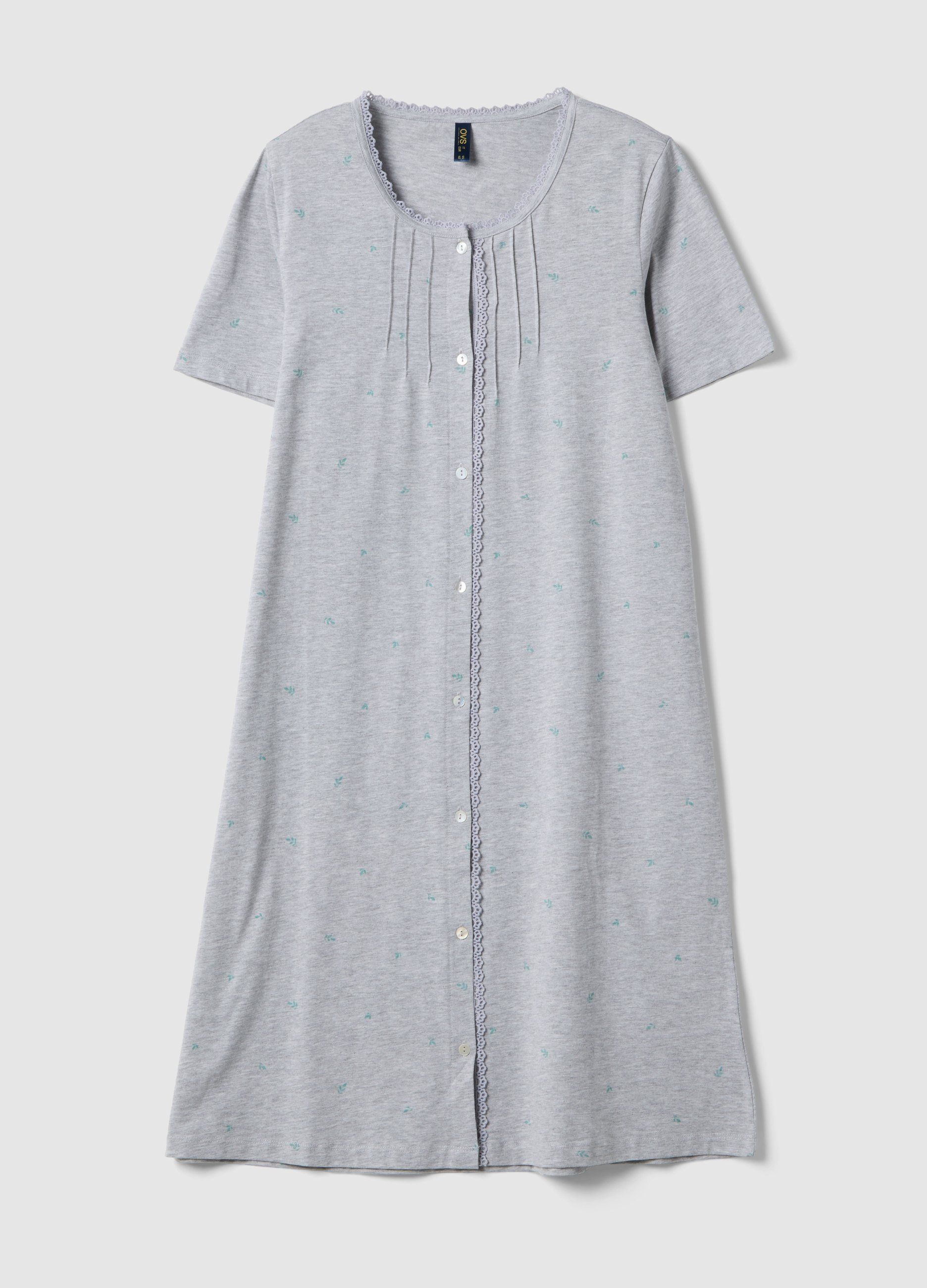 OVS, Camicia Da Notte In Misto Cotone Biologico Grigia Con Bottoni E Ricami, Donna, Grigio, Taglia: 44