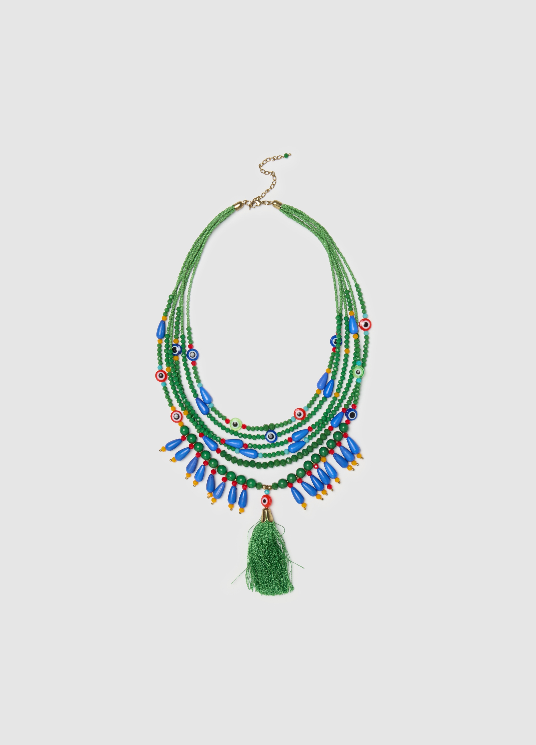 PIOMBO, Collana Multifili Con Perline E Nappina, Donna, Verde, Taglia: ONE SIZE