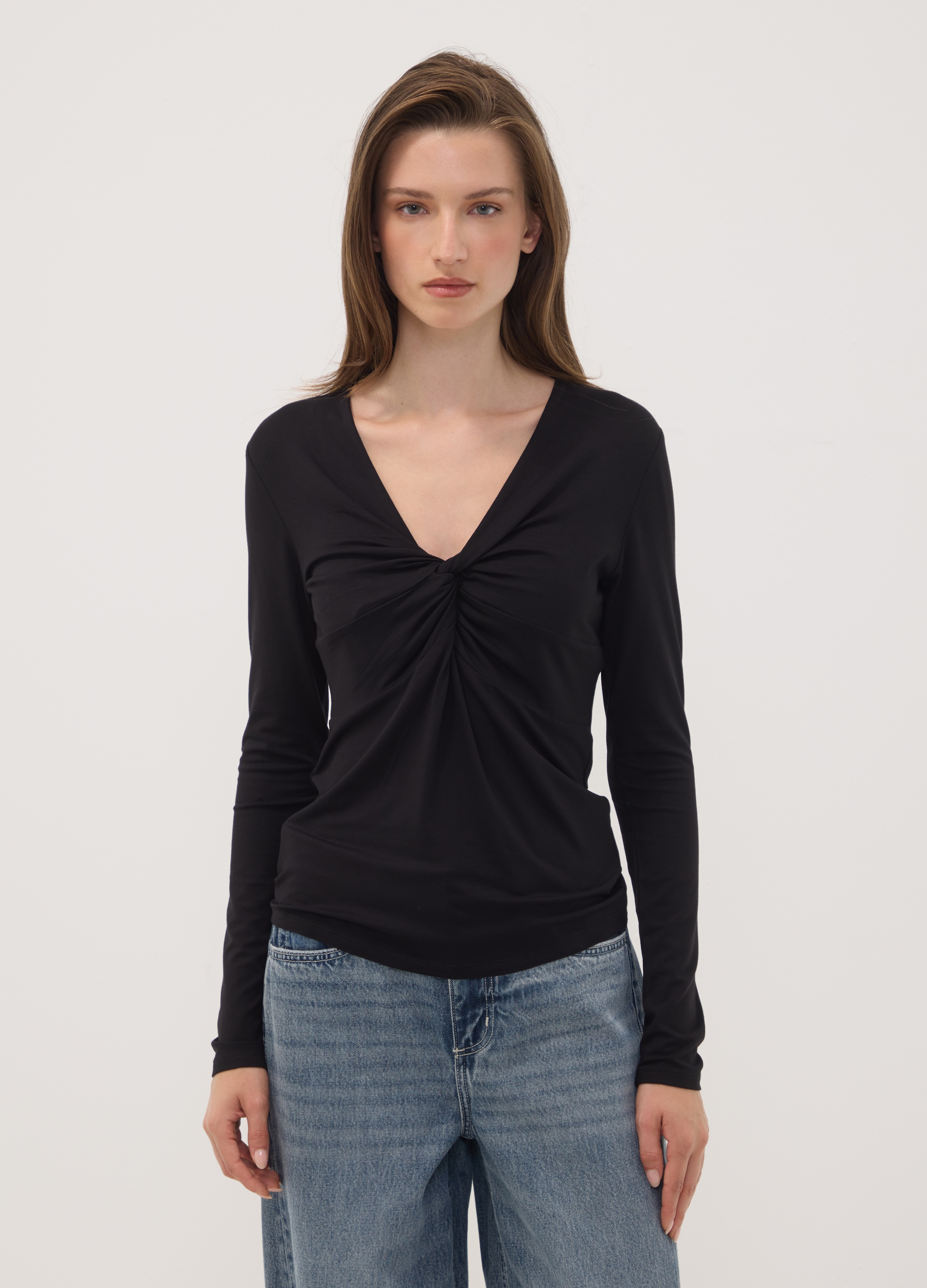 OVS, T-shirt Nera In Viscosa Elasticizzata Con Arricciatura Frontale Slim Fit, Donna, Nero, Taglia: M