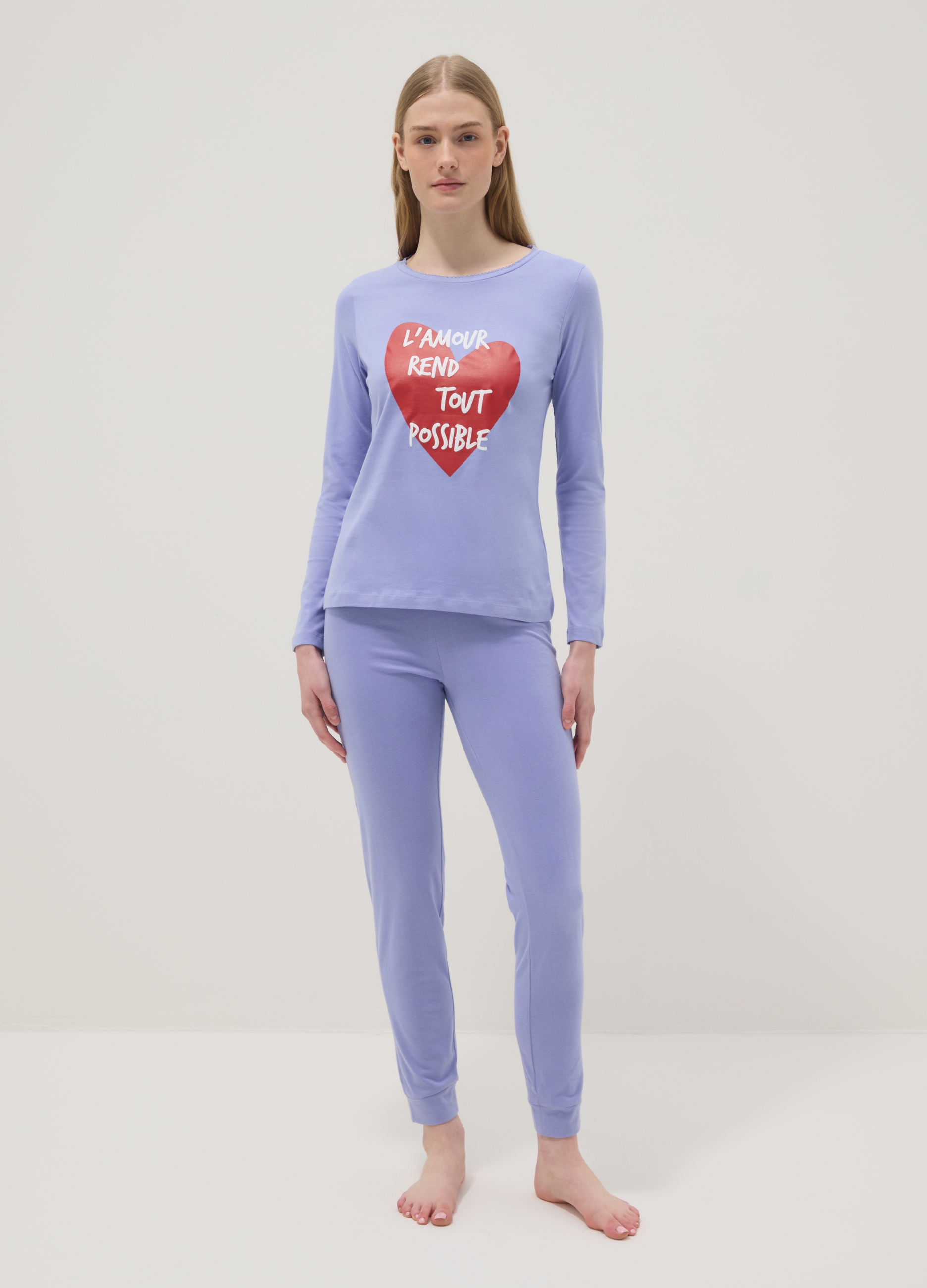 Ovs Mujer Lavanda Pijama De Algodón Puro Violeta Ajuste Regular Con Corazón, Talla: Xxl