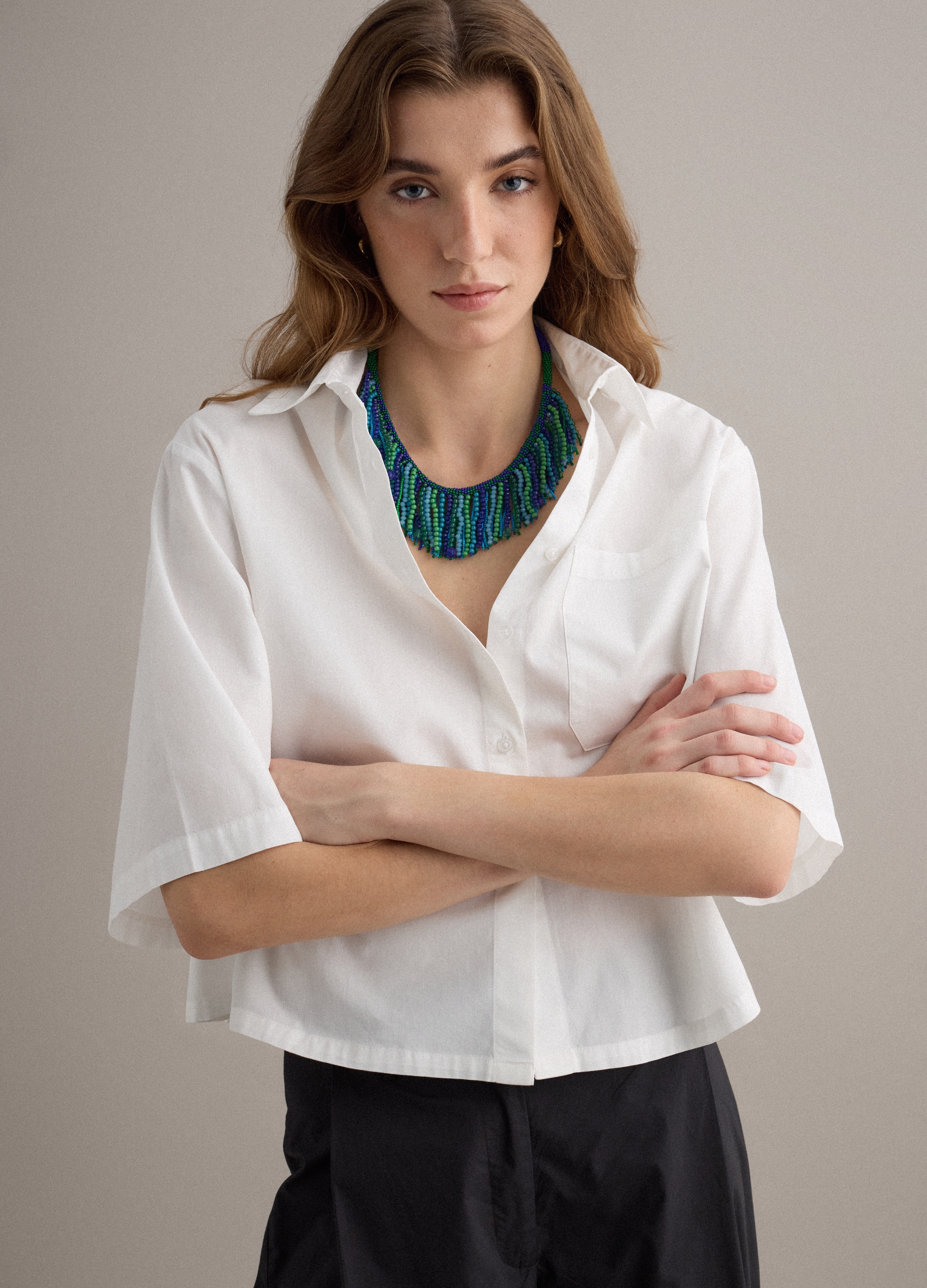 PIOMBO, Camisa Blanca De Algodón Puro Con Bolsillo Y Corte Oversize, Mujer, Blanco, Talla: 40